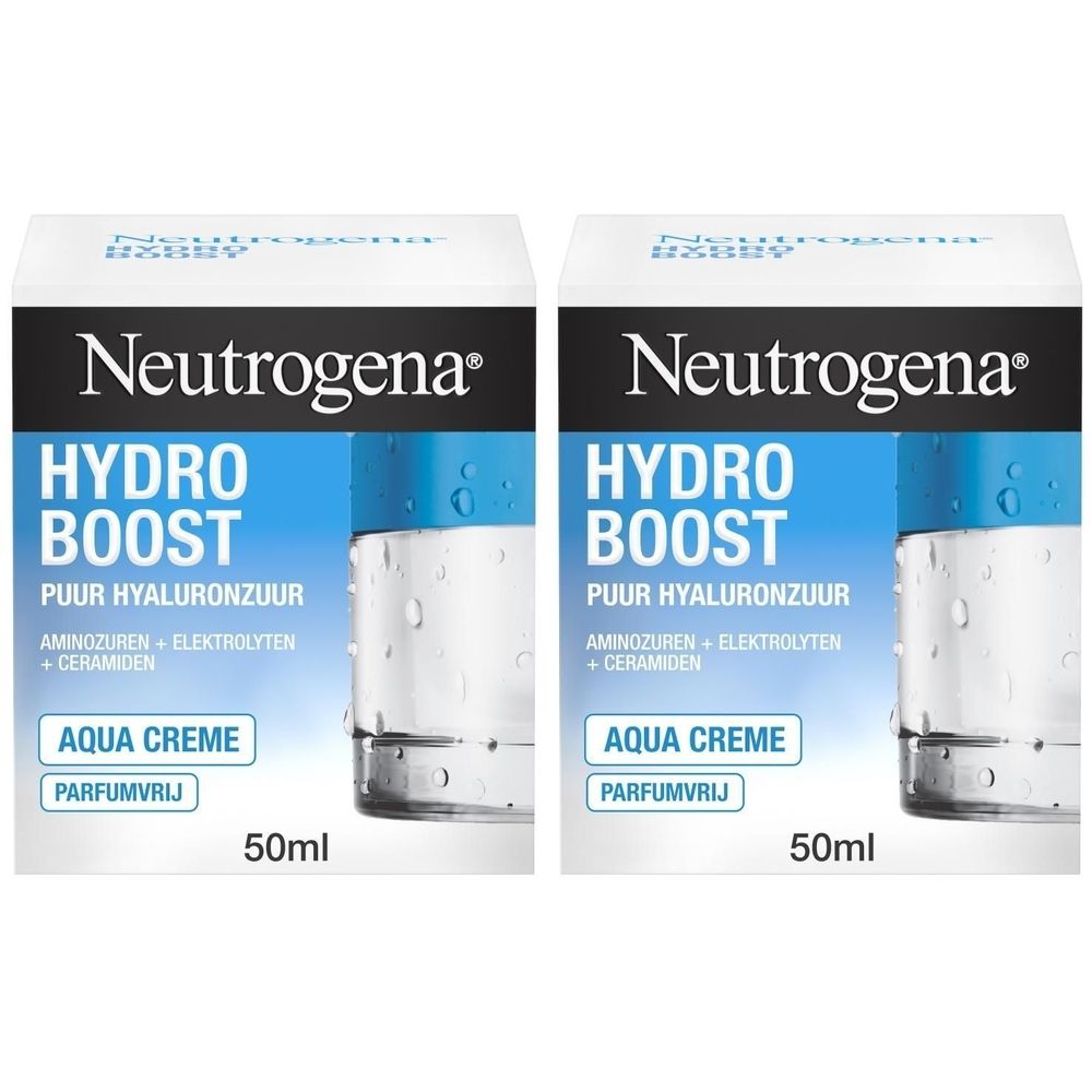 Twee crèmeverpakkingen. Witte verpakking met blauwe tekst: Neutrogena Hydro Boost Aqua Creme, 50ml.