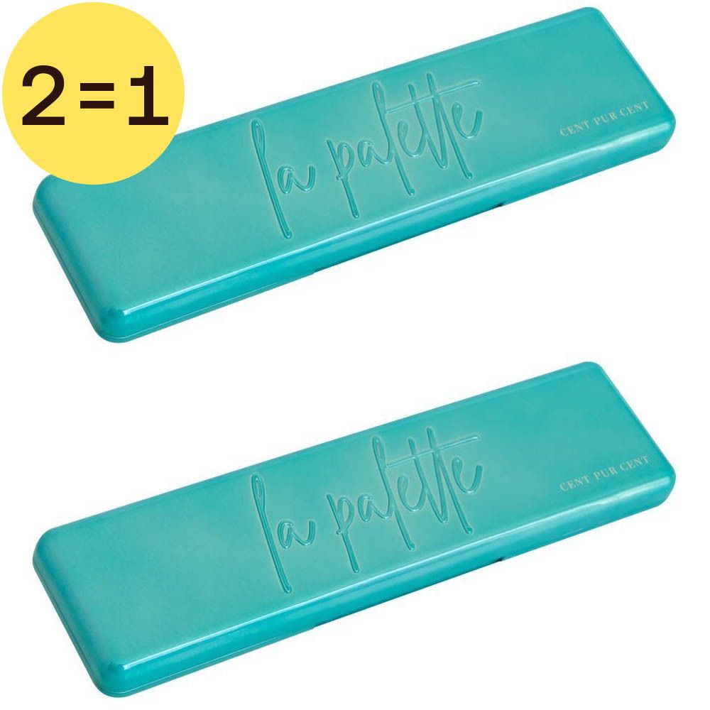 Zwei türkisfarbene Paletten mit der Aufschrift "la palette" und dem Schriftzug "CENT PER CENT". Gelbes Etikett mit "2=1".