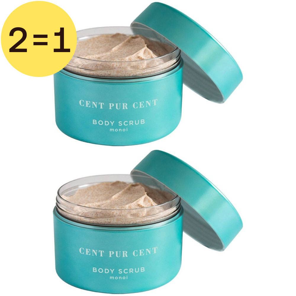 Deux pots turquoise ouverts. Inscription : Cent Pur Cent Body Scrub Monoi. Étiquette jaune : 2=1. Contenu visible.