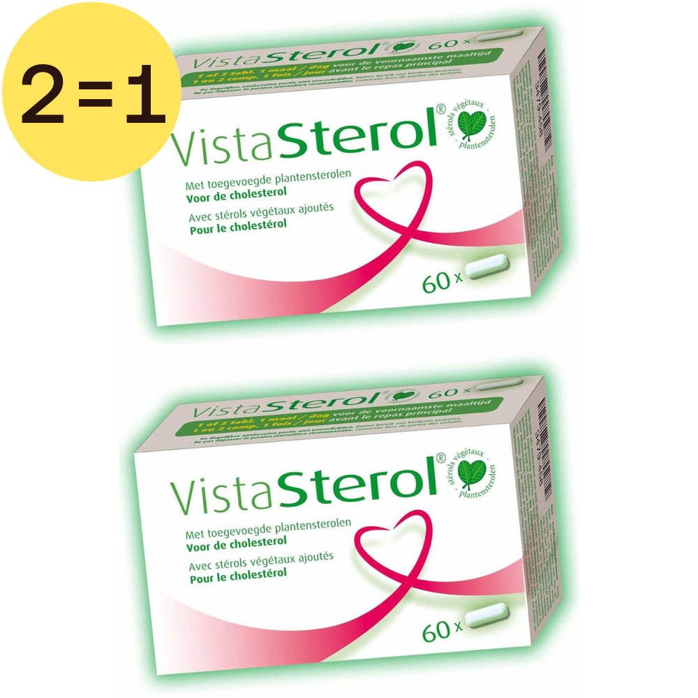 Zwei Schachteln Vista-Sterol. Aufschrift: "VistaSterol", "60x", "Mit toegevoegde plantensterolen".