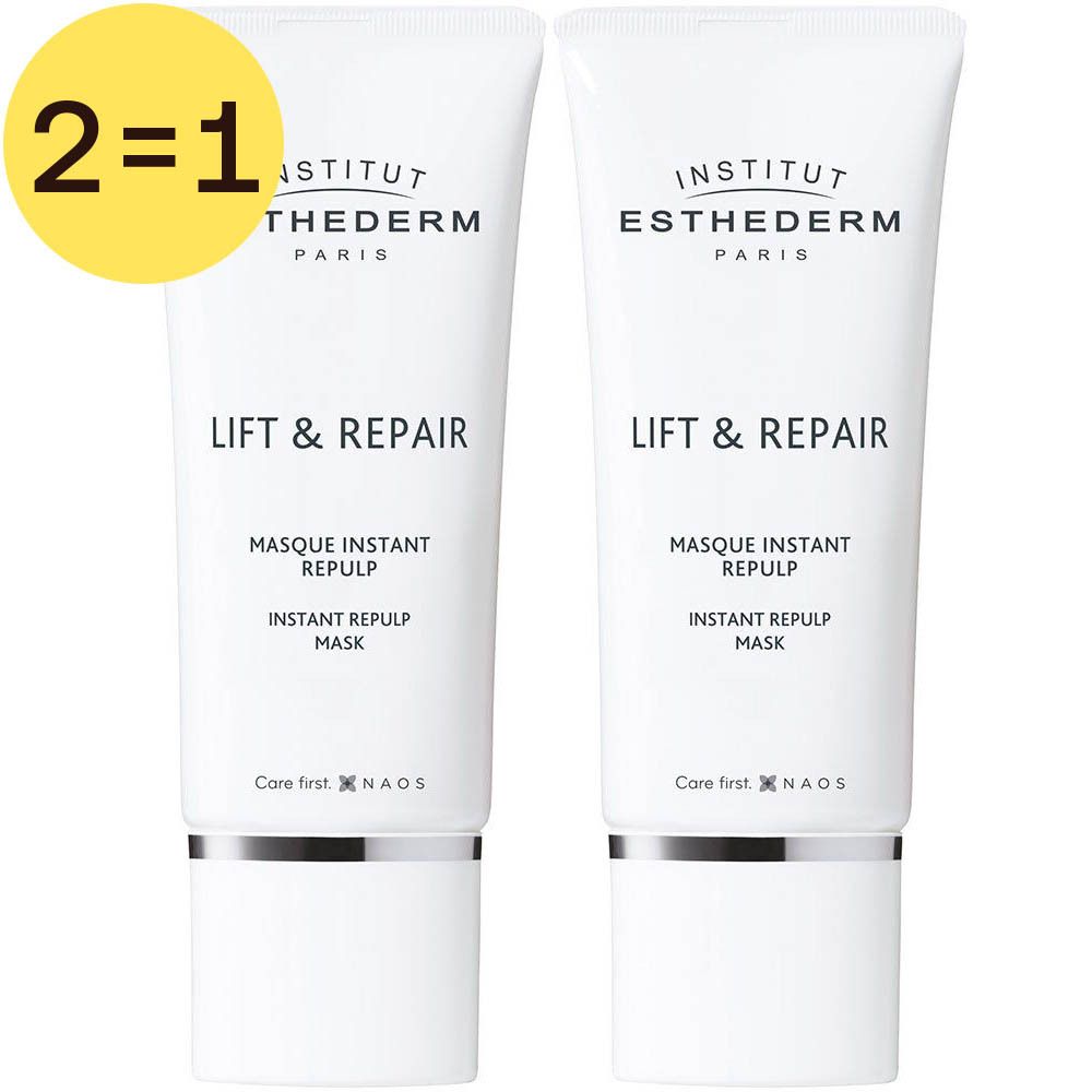 Zwei weiße Tuben mit Produktaufdruck. Aufschrift: Institut Esthederm, Lift & Repair, Masque Instant Repulp. Gelber Kreis mit "2=1".