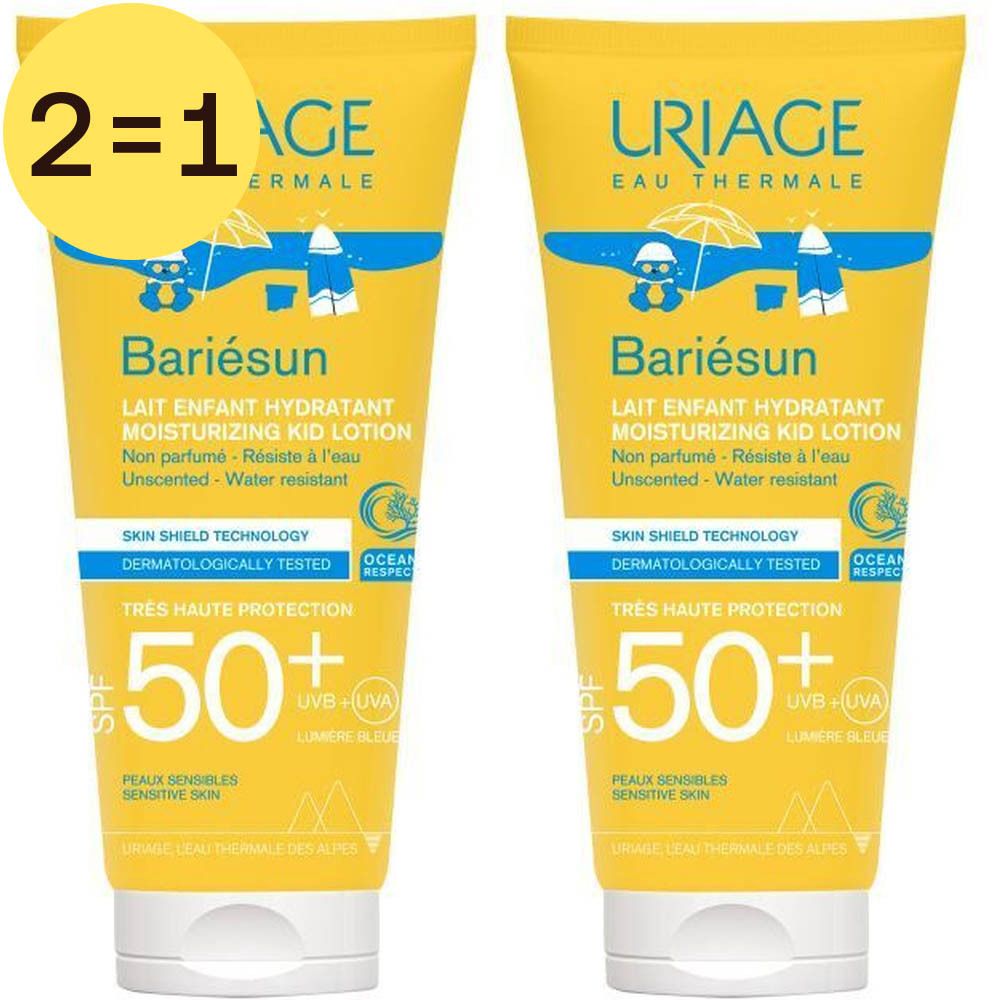 Zwei gelbe Tuben Uriage Bariésun Enfants Lait SPF50+ mit Text. Aufschrift: 2=1. Enthält Text in Französisch und Englisch. Hoher Sonnenschutz.