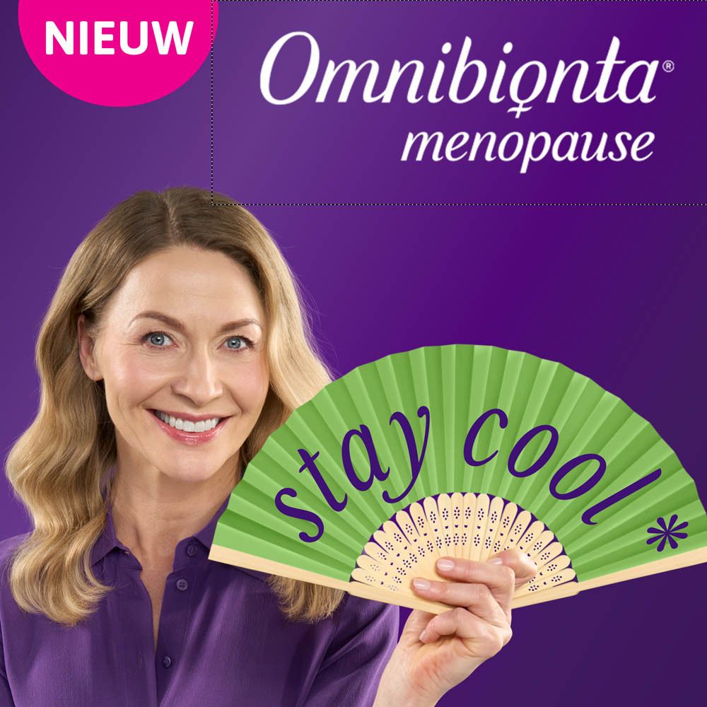 Drie verpakkingen Omnibionta menopause. Paarse verpakking met vrouwen silhouet. 30 tabletten.