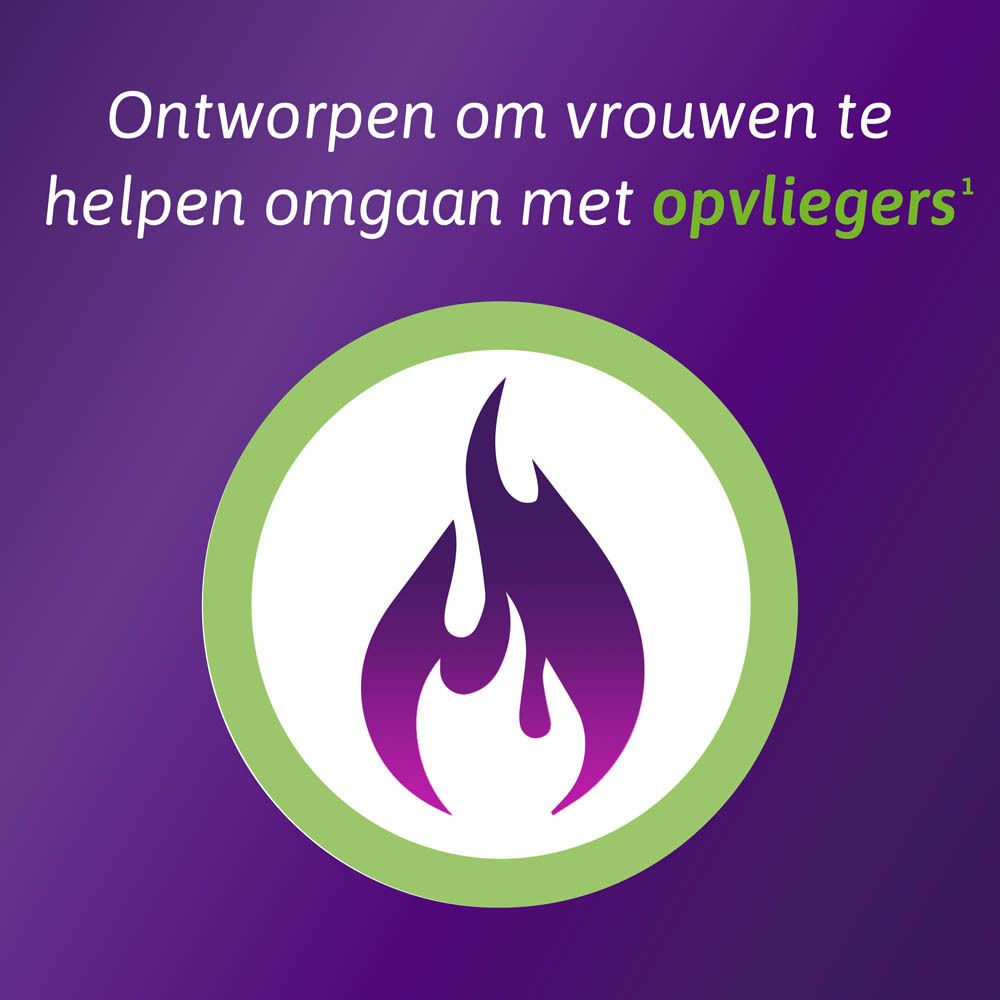 Vrouw met waaier met 'stay cool'. Omnibionta menopause logo. Paarse achtergrond.