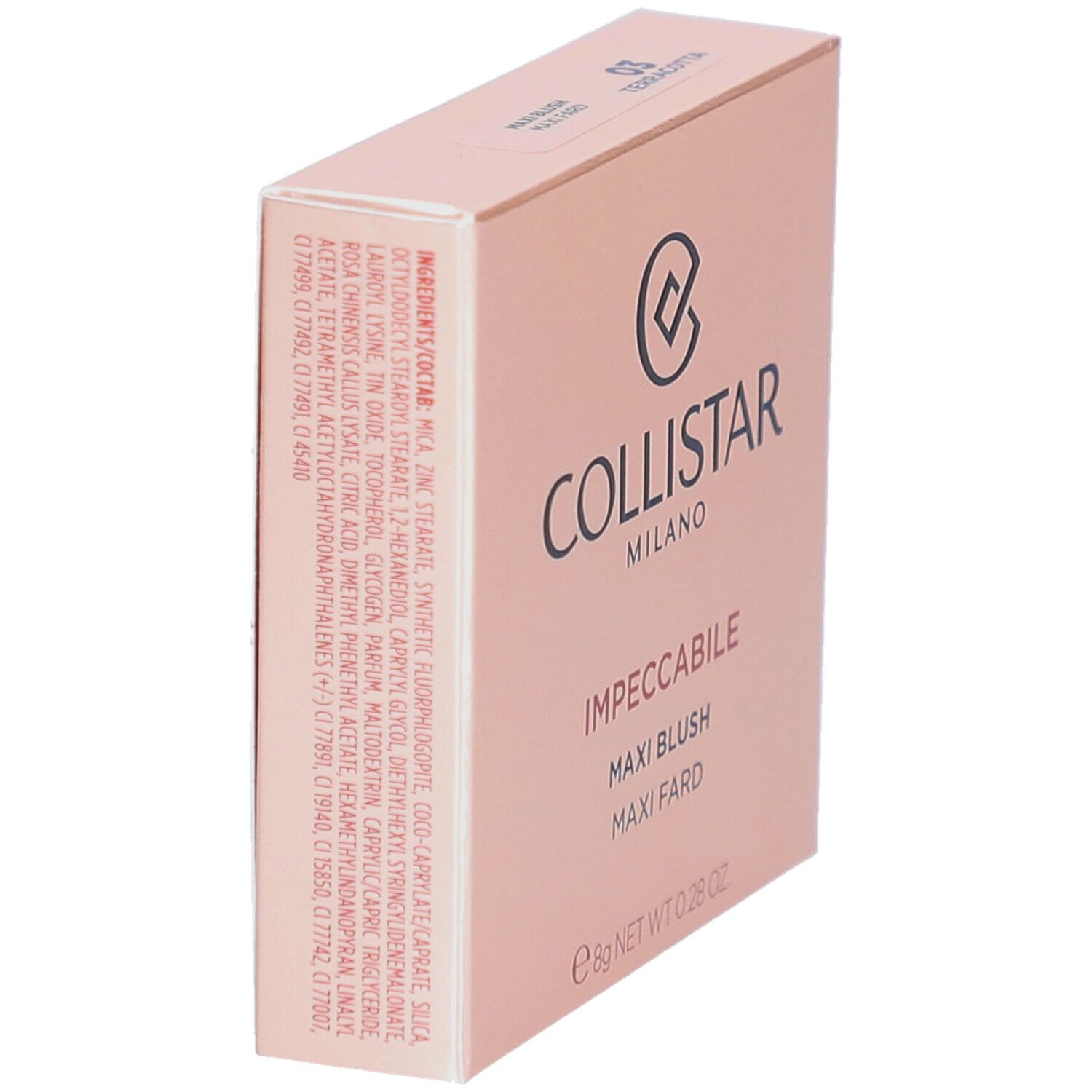 Blush-Verpackung. Marke Collistar, Produktname Impeccabile Maxi Blush. Inhaltsstoffe.