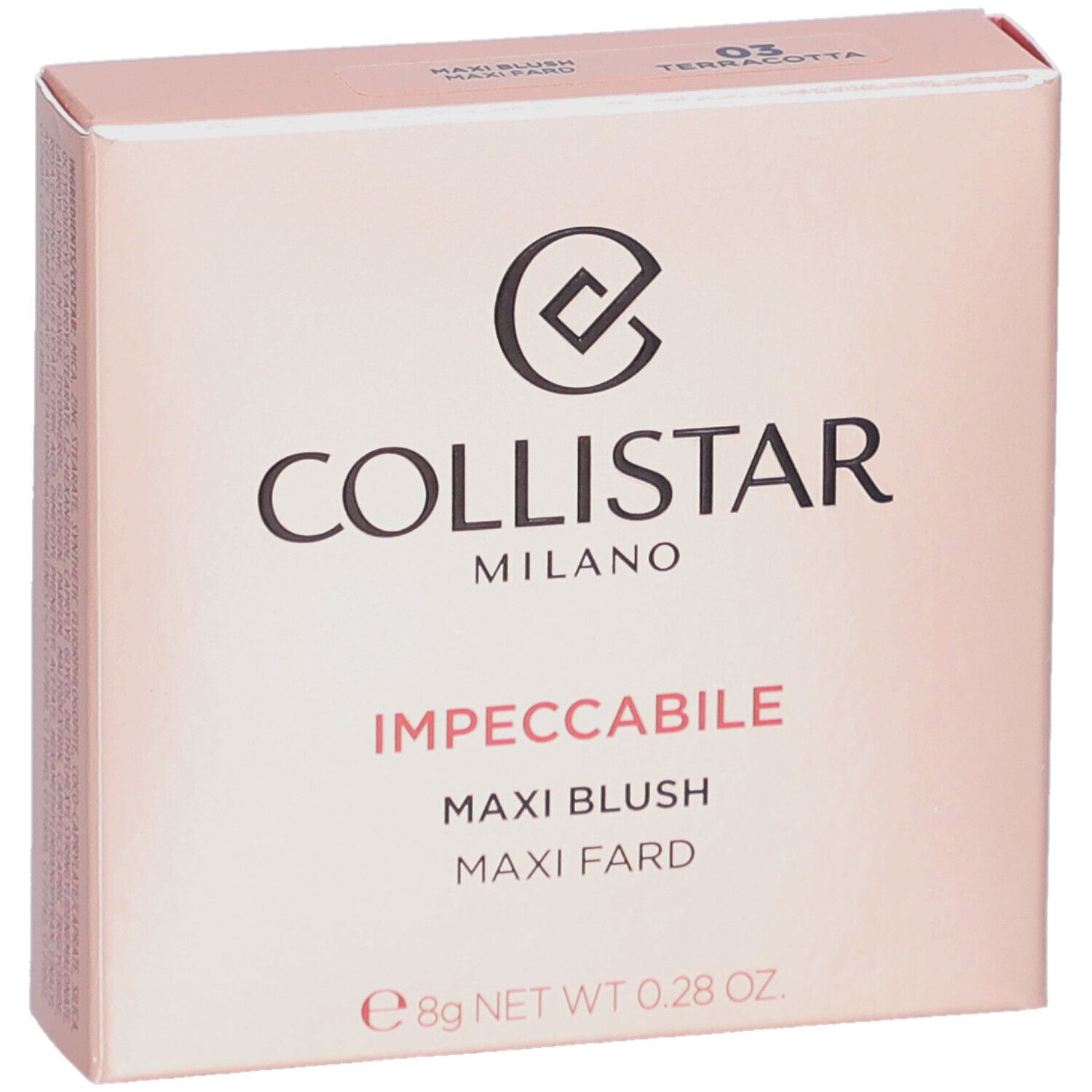 Blush-Verpackung. Marke Collistar, Produktname Impeccabile Maxi Blush. 8g.
