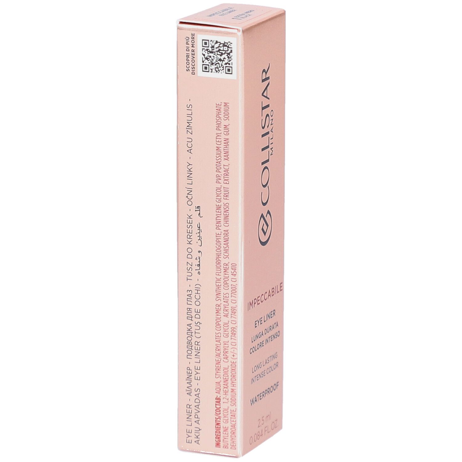 Rückseite der rosa Verpackung mit Text und QR-Code. Text: Eye Liner, Inhaltsstoffe, 2.5 ml.