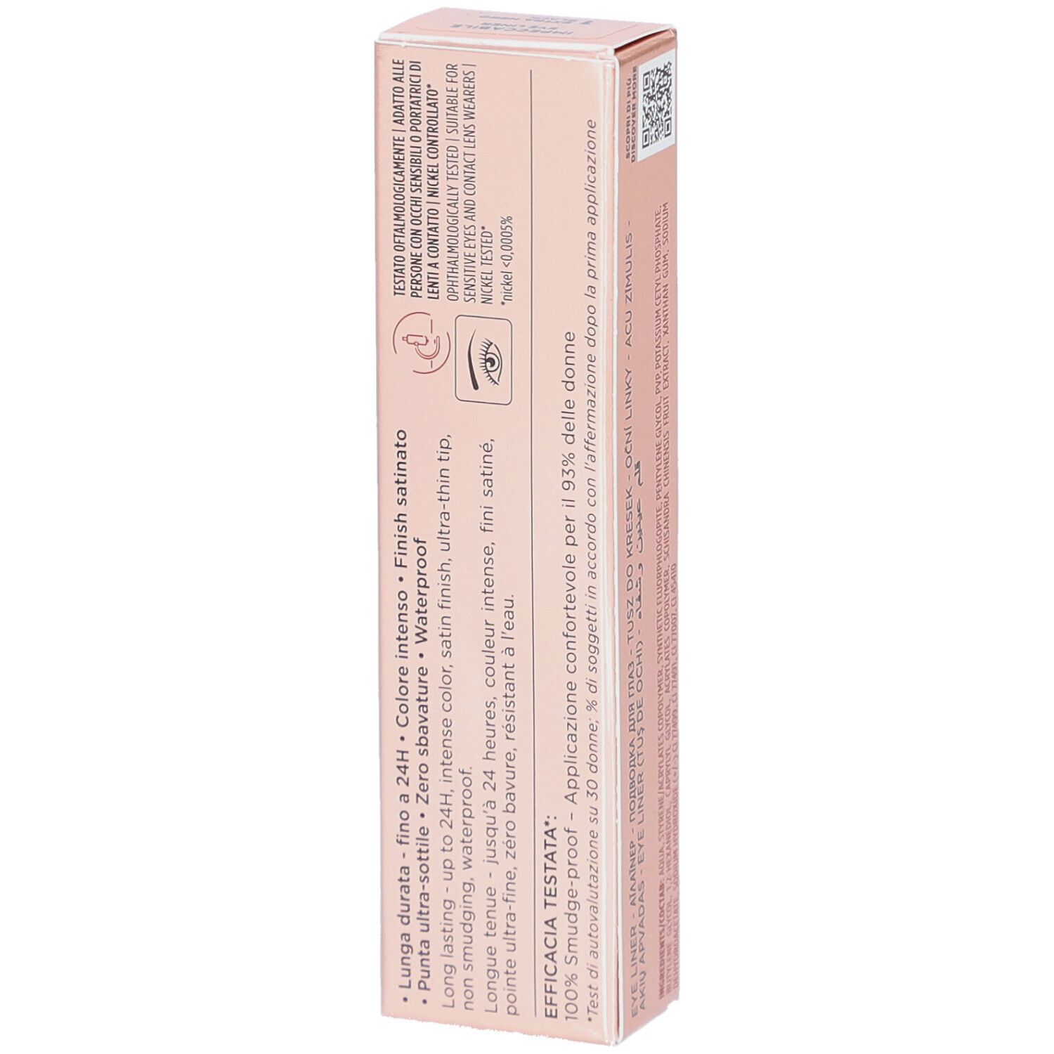 Rückseite der rosa Verpackung mit Text. Text: Lange Haltbarkeit, wasserfest, für empfindliche Augen.