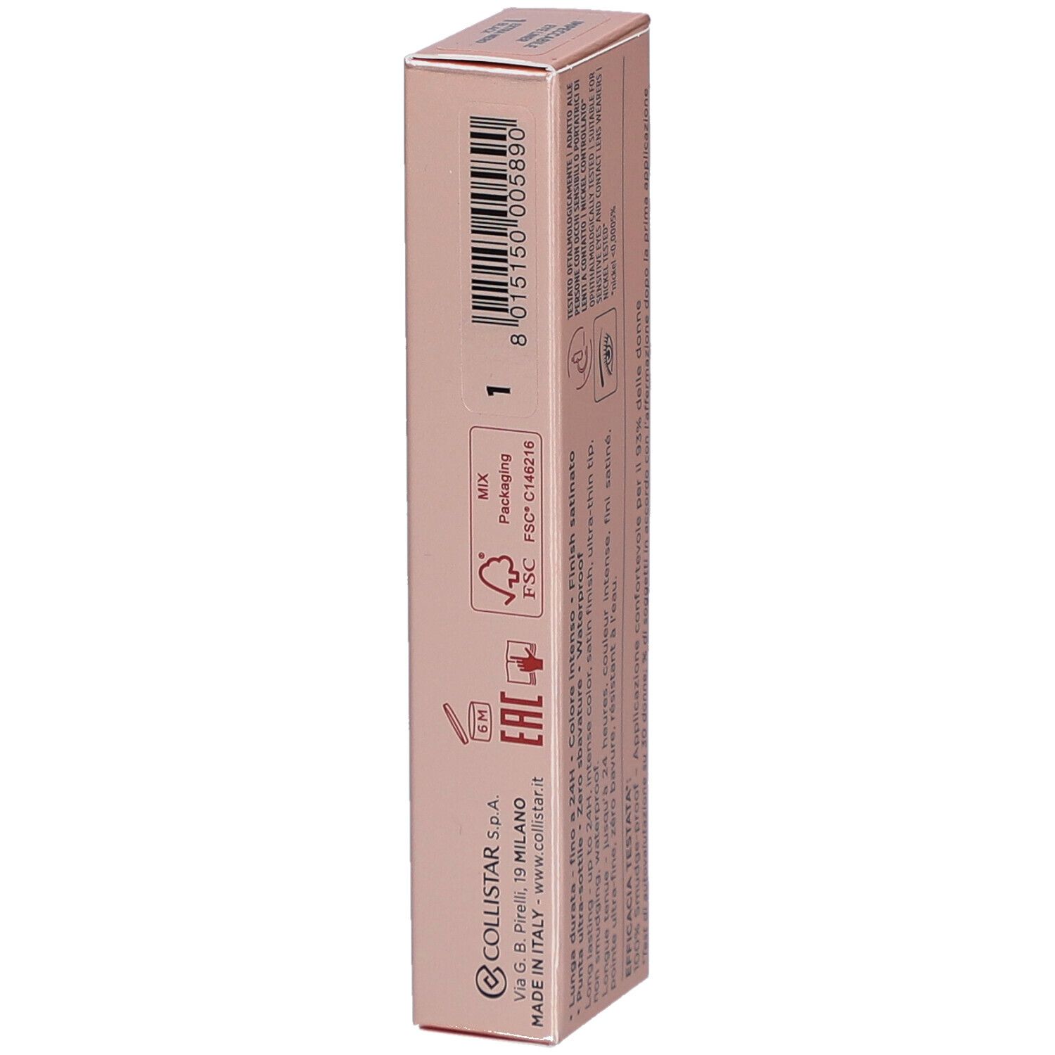 Seite der rosa Verpackung mit Text und FSC-Logo. Text: Collistar, Made in Italy, 1.