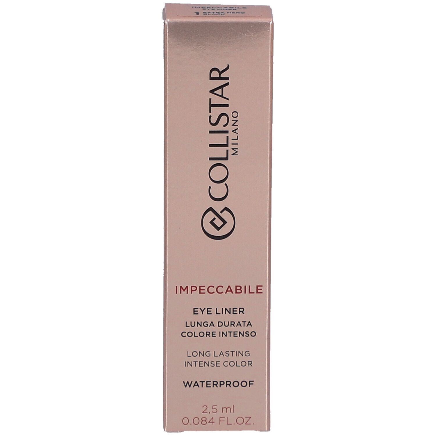 Rosa Verpackung mit schwarzem Eyeliner. Text: Collistar Milano, Impeccabile Eye Liner, 2.5 ml.