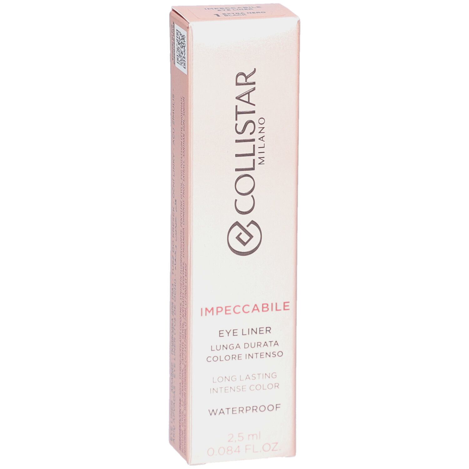 Rosa Verpackung mit schwarzem Eyeliner. Text: Collistar Milano, Impeccabile Eye Liner, 2.5 ml.