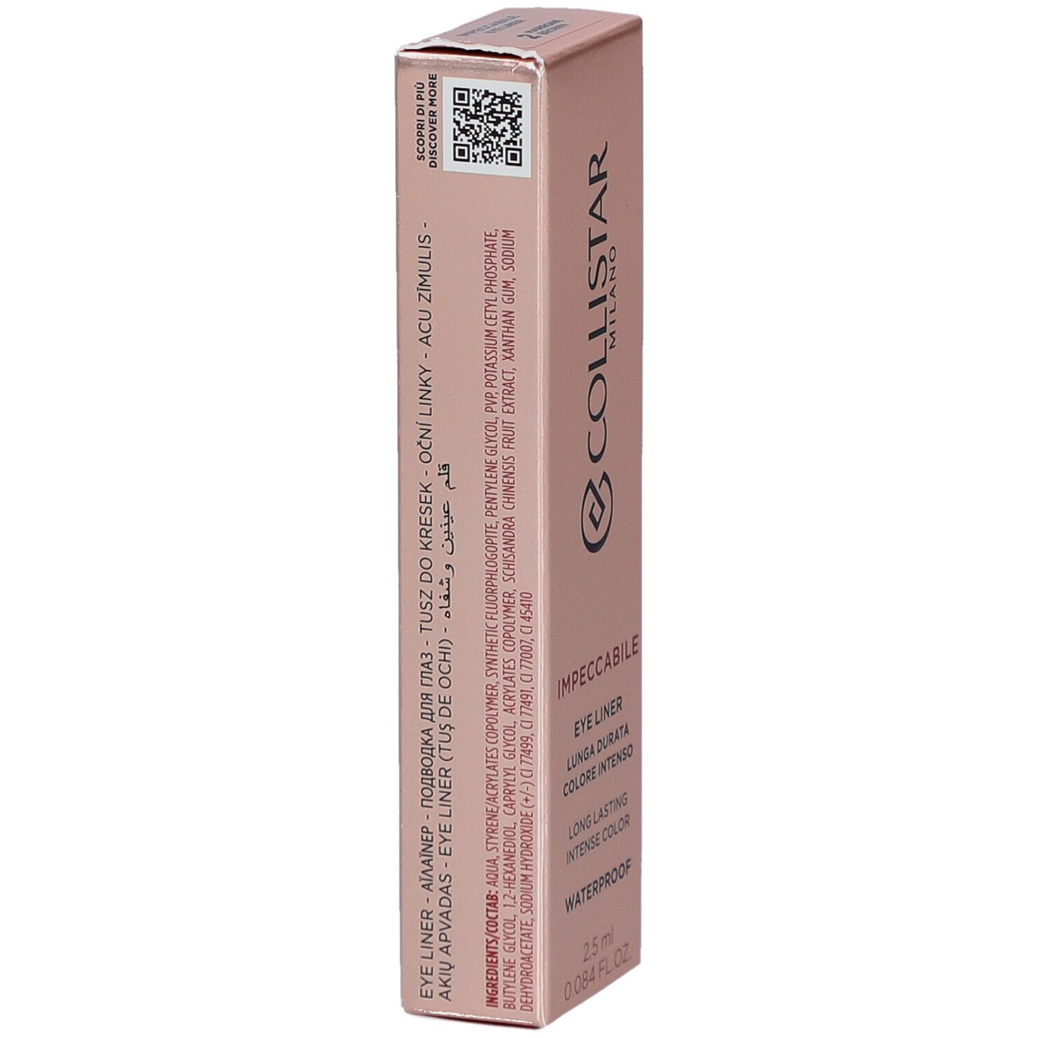 Rückseite der rosa Verpackung. Produktinformationen, Inhaltsstoffe, QR-Code. Collistar Milano, Eye Liner.
