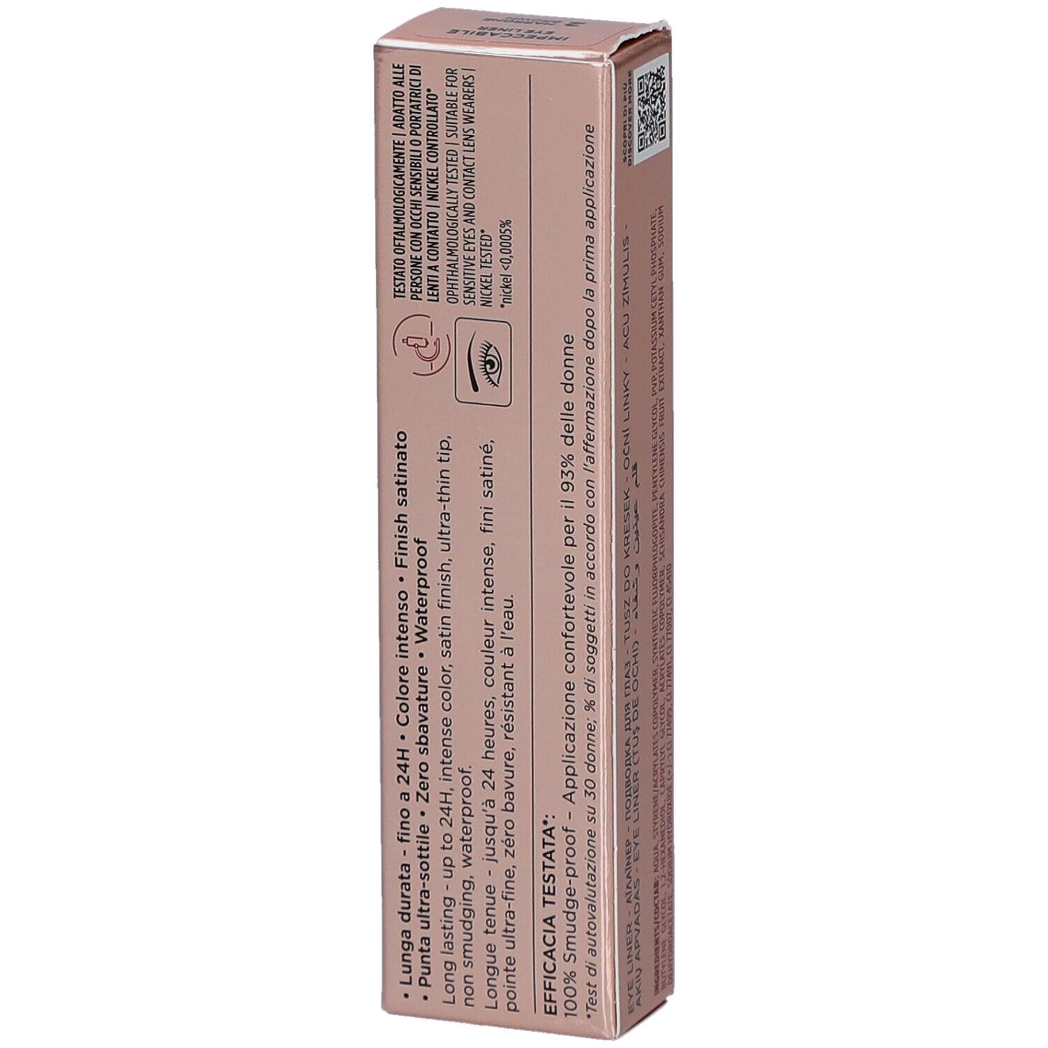 Rückseite der rosa Verpackung. Produktinformationen, Text, Logos. Collistar Milano, Eye Liner.