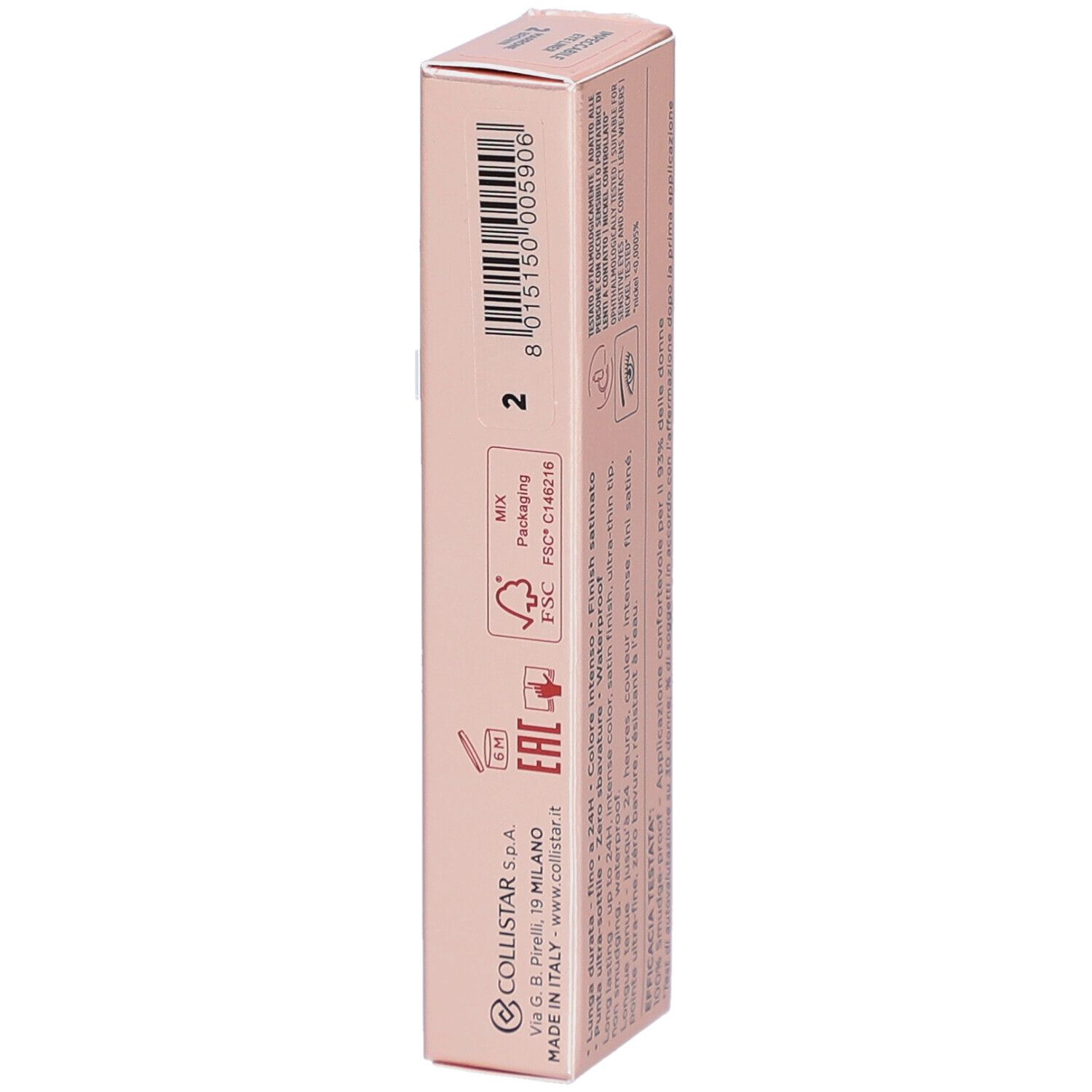 Seite der rosa Verpackung. Barcode, Logos, Produktnummer. Collistar Milano, Eye Liner.
