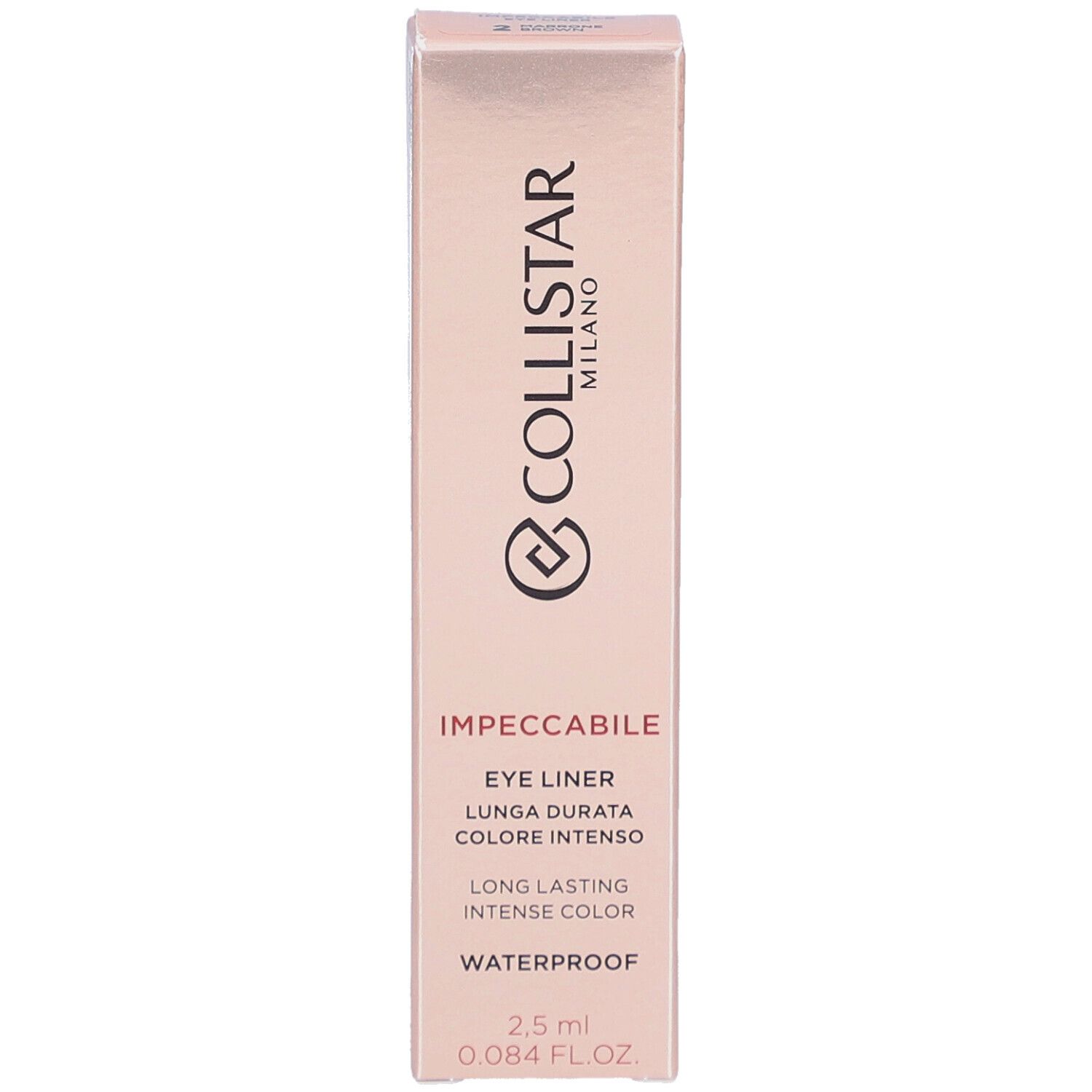 Rosa Verpackung mit Produktinformationen. Collistar Milano, Impeccabile Eye Liner, wasserfest. 2,5 ml.