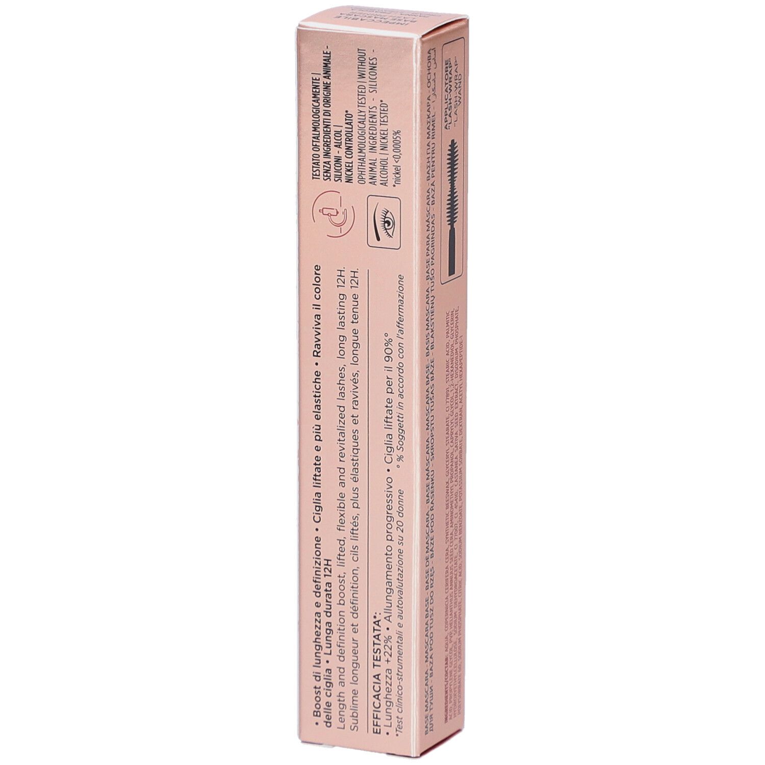Verpackung für Mascara mit Informationen zu Länge, Definition und Haltbarkeit.