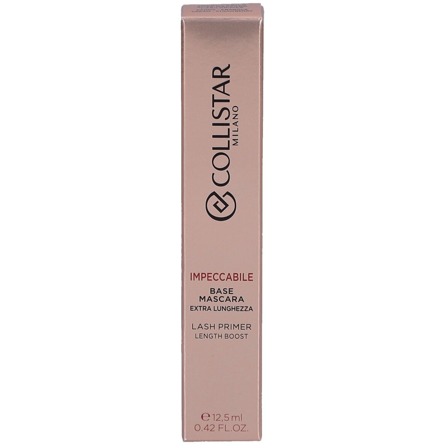 Collistar Lash Primer Verpackung mit Text 'Impeccabile Base Mascara Extra Lunghezza' und 'Lash Primer Length Boost'. 12,5ml.