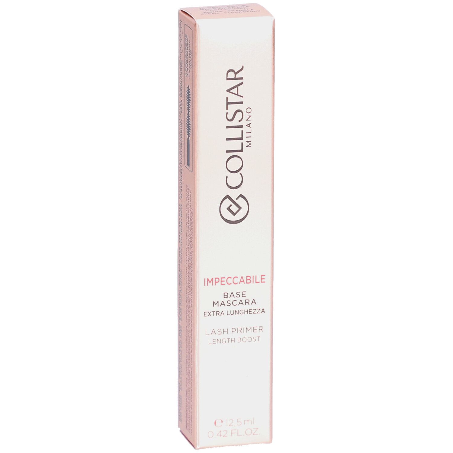 Collistar Milano Lash Primer Verpackung. Rosa und weiße Box mit Produktinformationen.