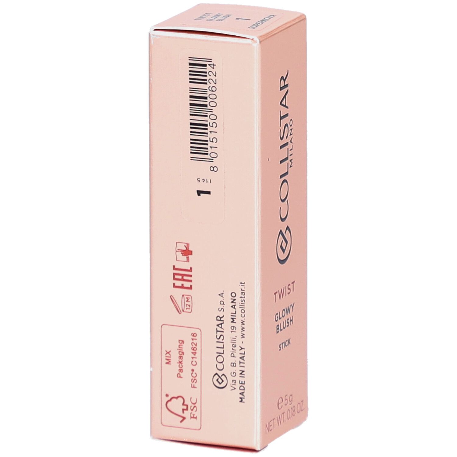 Rosafarbene Verpackung. Collistar Milano Twist Glowy Blush Stick. Barcode, FSC-Logo, Eac-Logo.