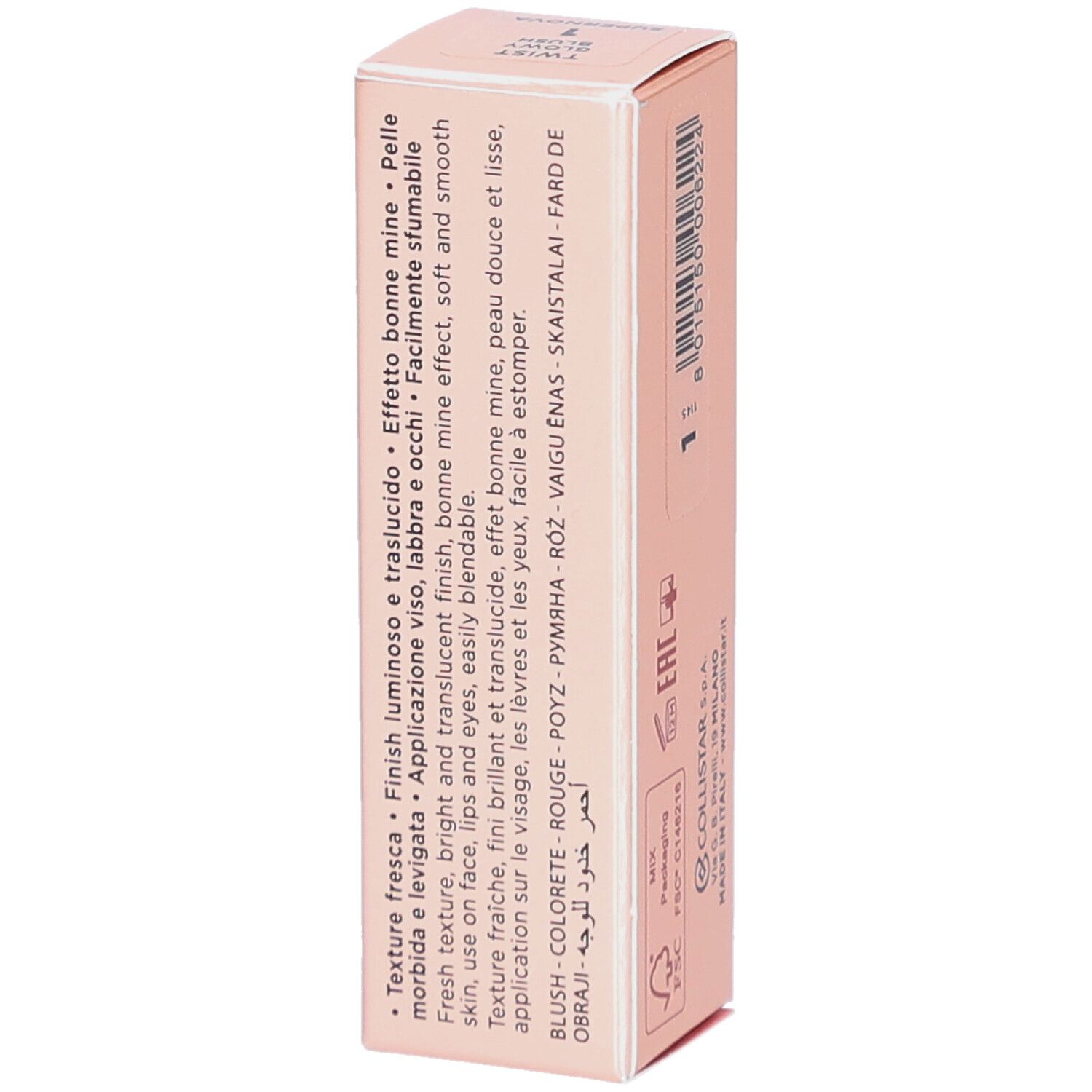 Rosafarbene Verpackung. Collistar Milano Twist Glowy Blush Stick. Text in mehreren Sprachen.