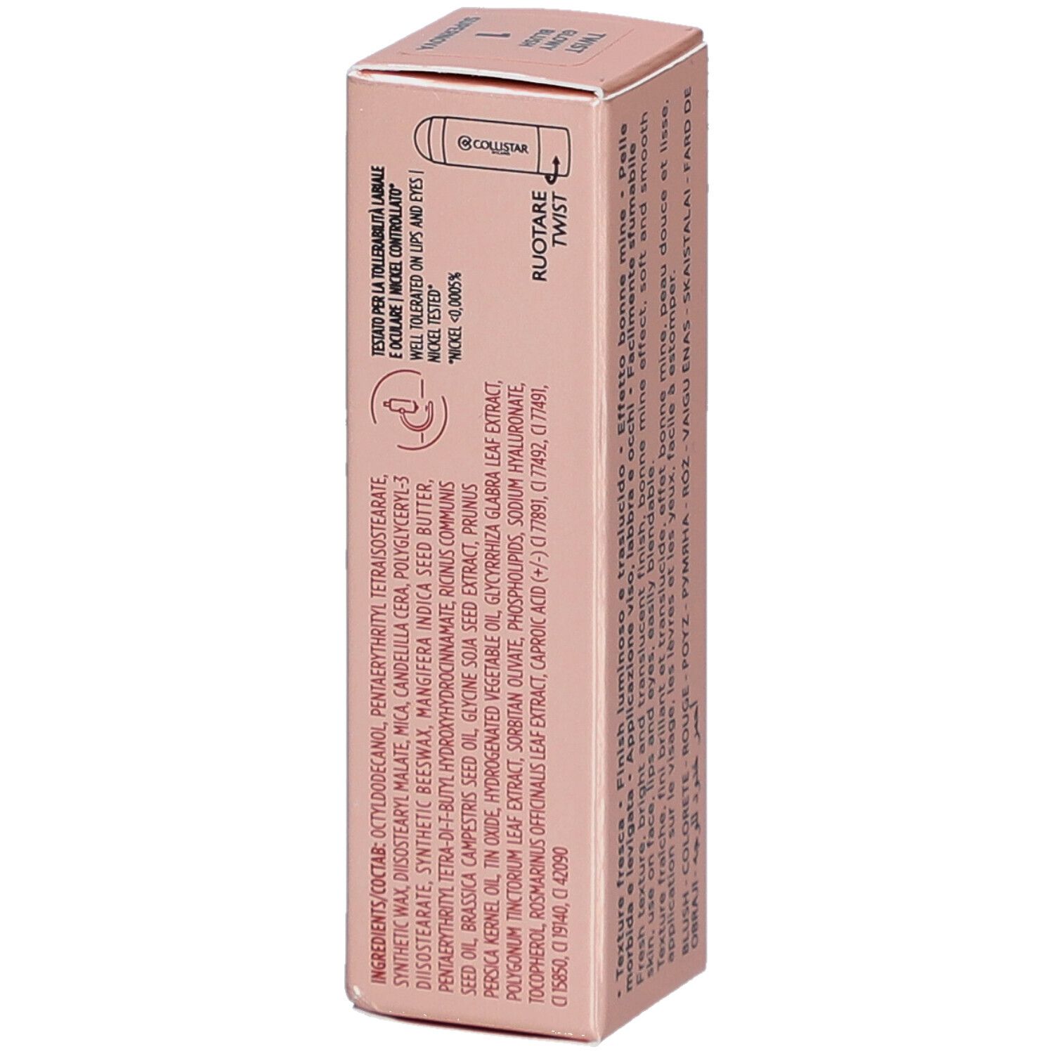 Rosafarbene Verpackung. Collistar Milano Twist Glowy Blush Stick. Inhaltsstoffe und Text.
