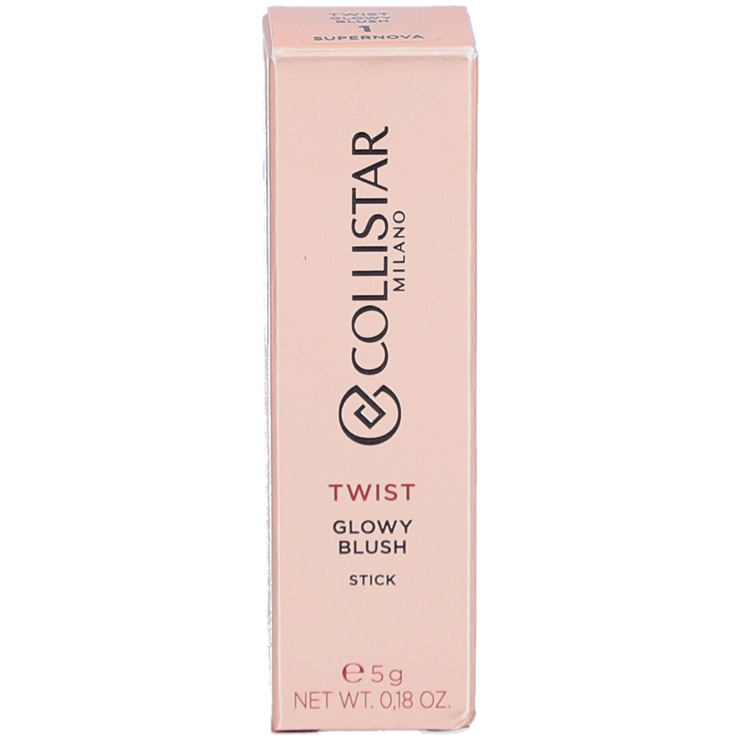 Rosafarbene Verpackung. Collistar Milano Twist Glowy Blush Stick. 5g. Supernova. Text auf der Verpackung.