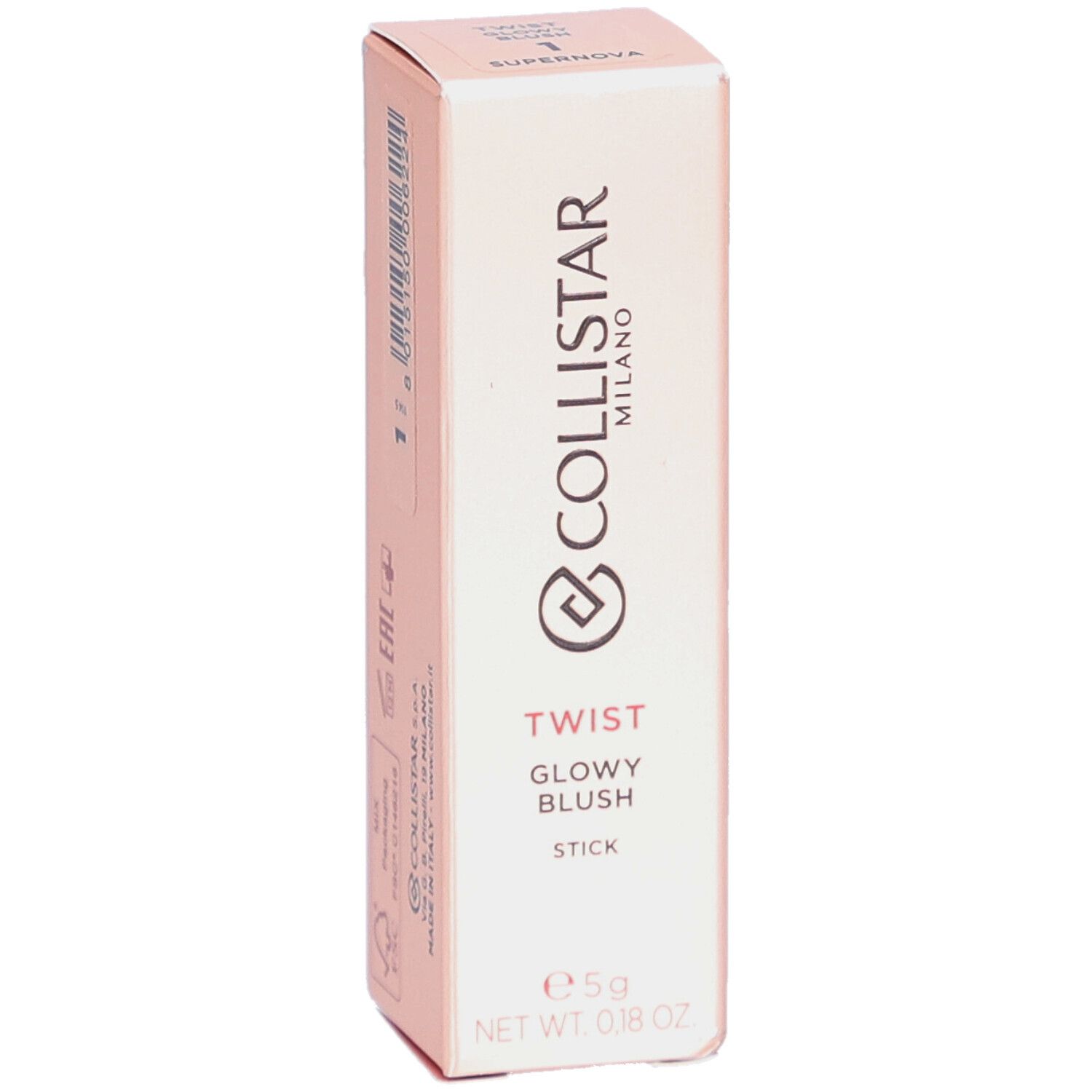 Rosafarbene Verpackung. Collistar Milano Twist Glowy Blush Stick. 5g. Text auf der Verpackung.