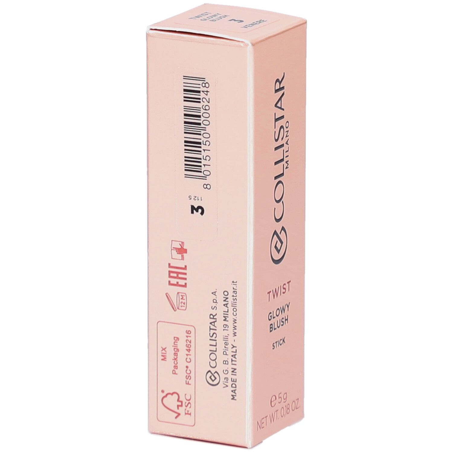 Rückseite der Blush-Stick-Verpackung. Marke Collistar Milano. Barcode, Zertifizierungen und Produktinformationen.