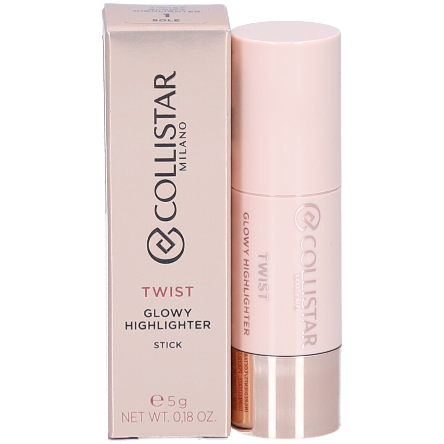 Highlighter-Stick mit Verpackung. Rosa-goldene Verpackung. Aufschrift: Collistar, Twist Glowy Highlighter.