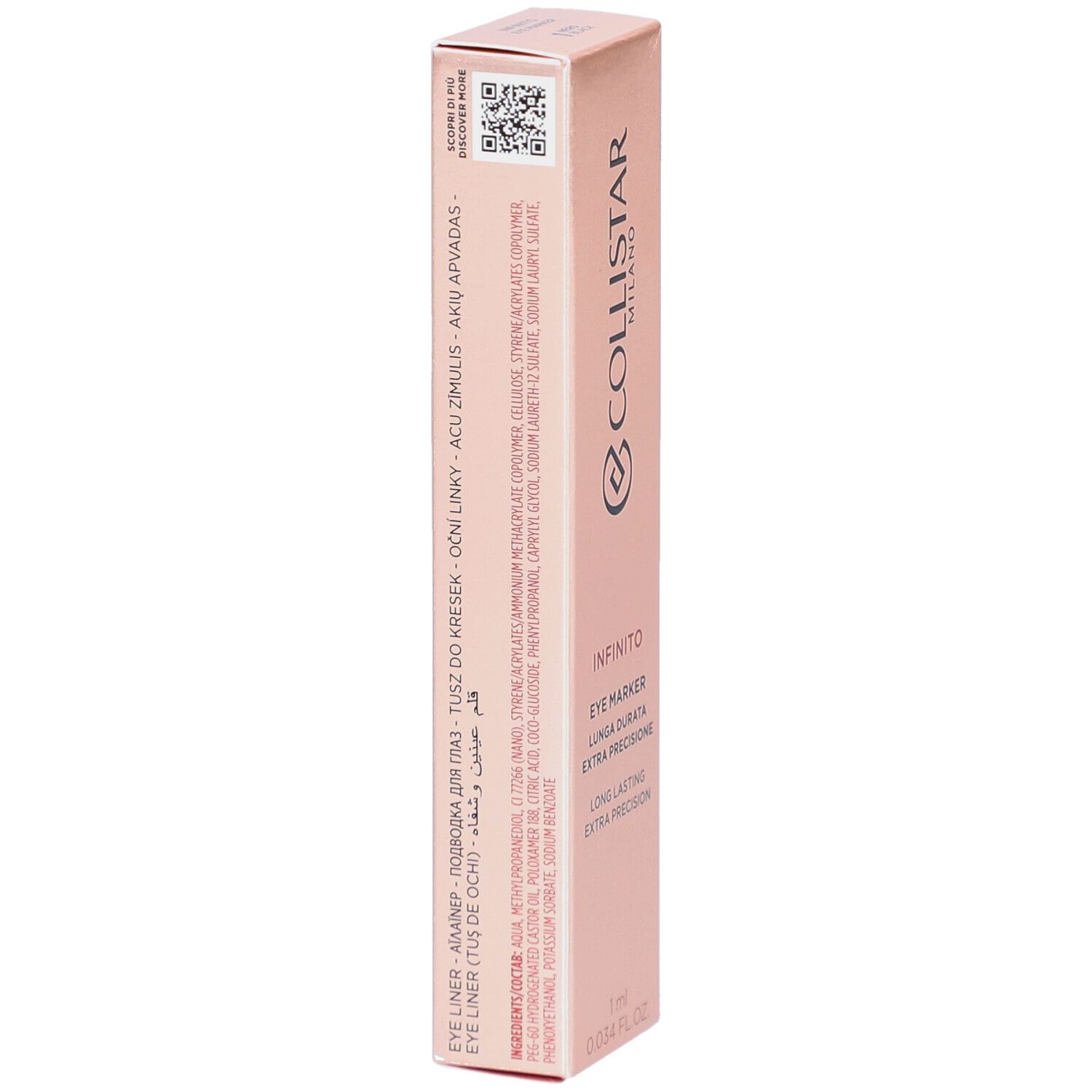 Rückseite der rosa Verpackung mit Text in verschiedenen Sprachen. Collistar Milano Infinito Eye Marker.