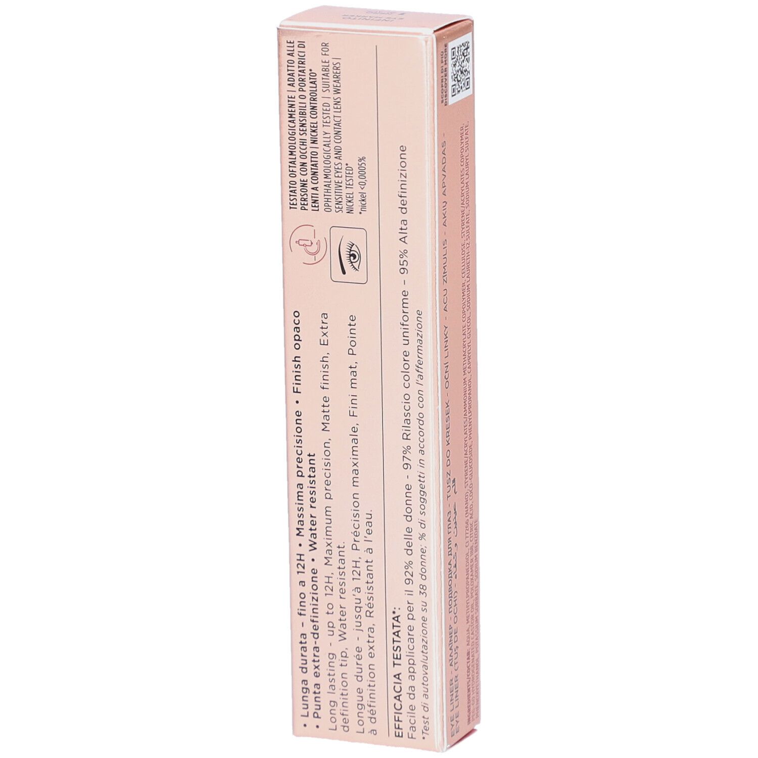 Rückseite der rosa Verpackung mit Text. Collistar Milano Infinito Eye Marker. Text: Finish opaco.