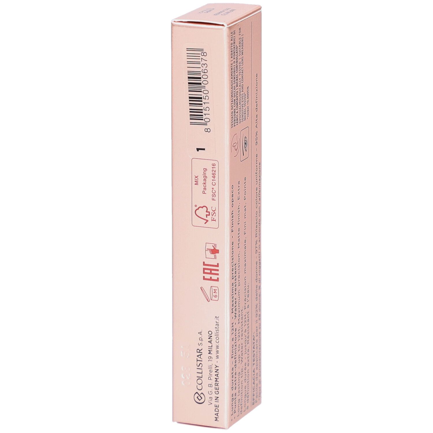 Seite der rosa Verpackung mit Text und Barcode. Collistar Milano Infinito Eye Marker. FSC-Logo.
