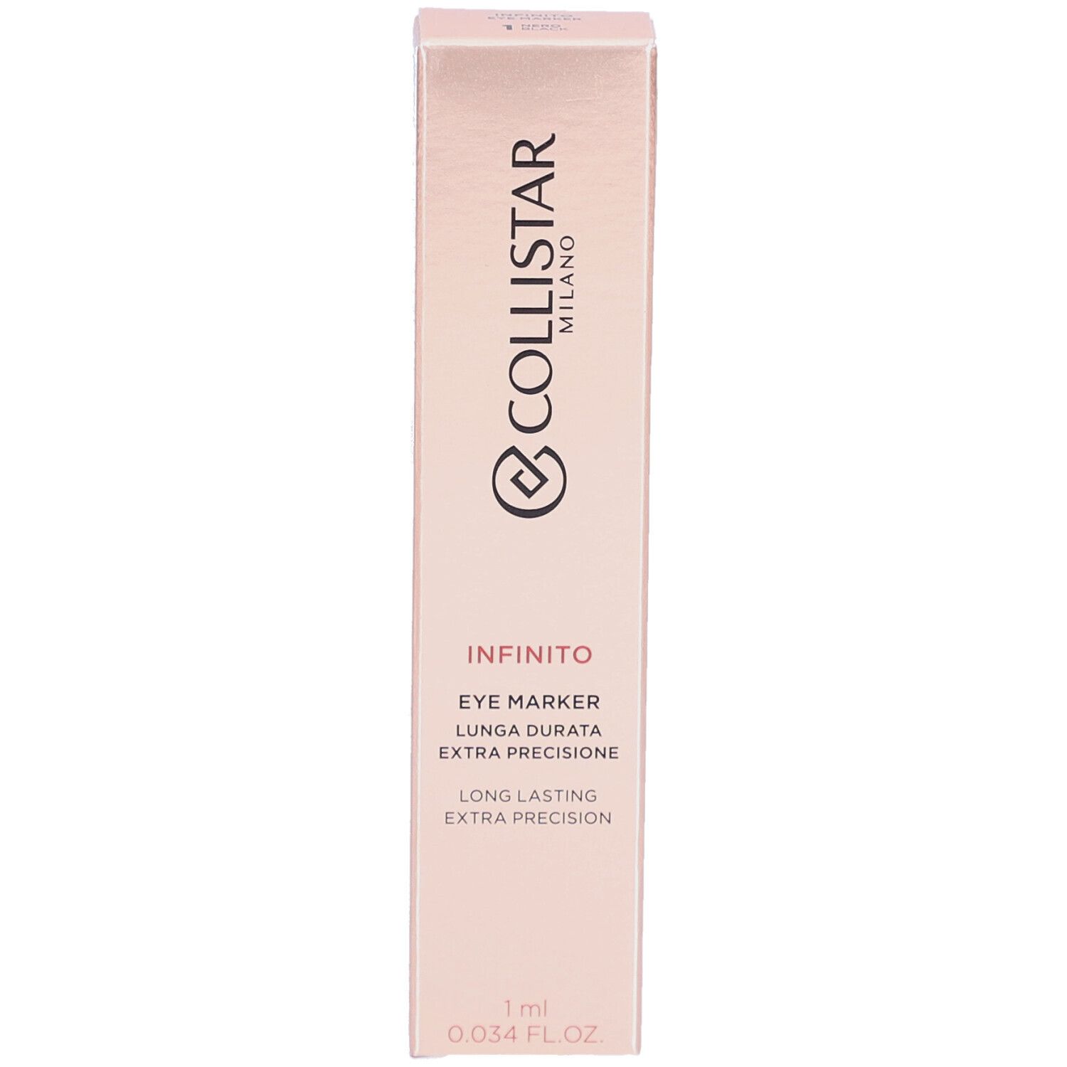 Rosa Verpackung mit Collistar Milano Infinito Eye Marker. Text: Eye Marker, Extra Präzision, 1 ml.
