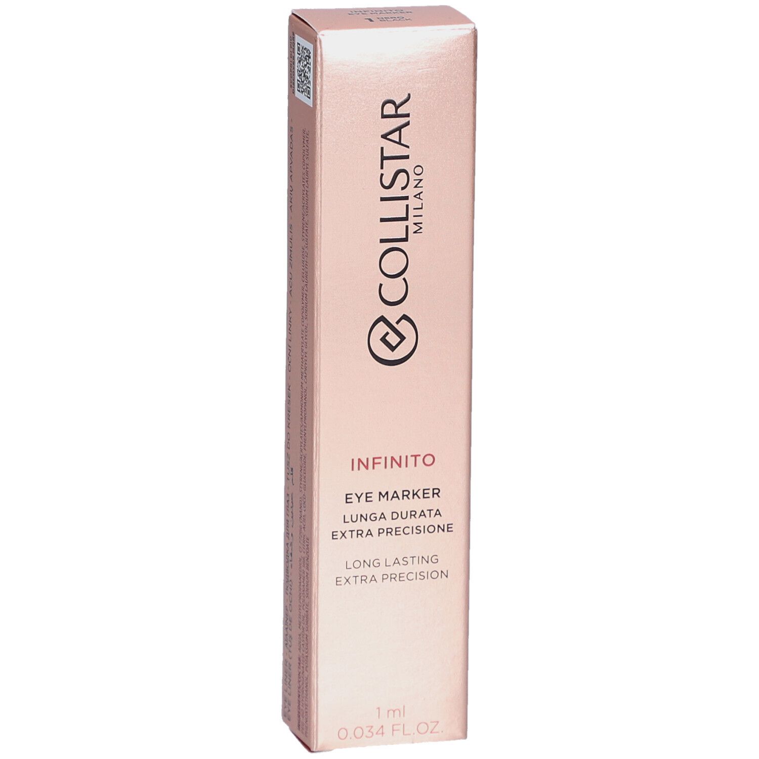 Rosa Verpackung mit Collistar Milano Infinito Eye Marker. Text: Eye Marker, Extra Präzision, 1 ml.