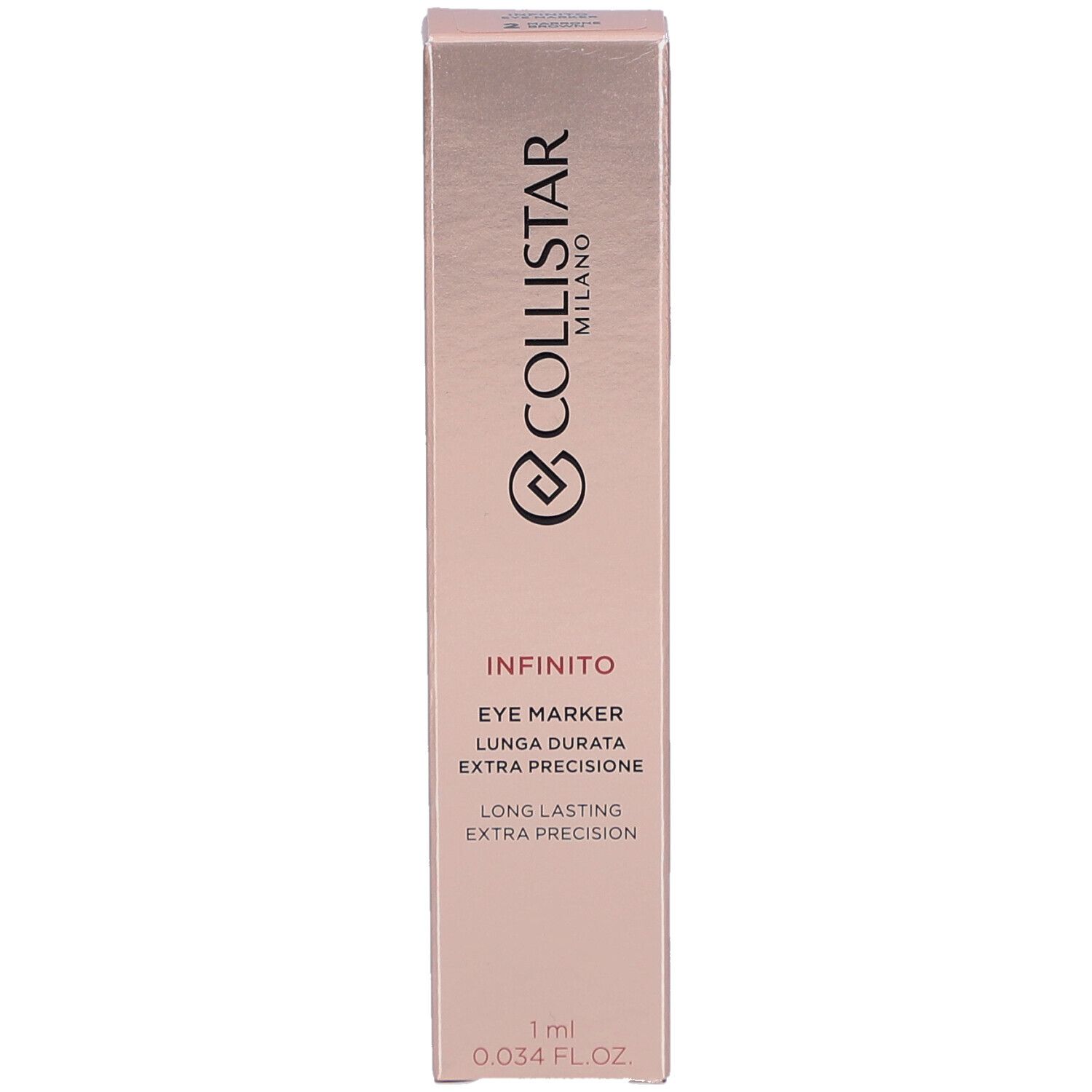 Collistar Infinito Eye Marker-Verpackung. Rosa-goldene Schachtel mit Produktnamen und Logo.