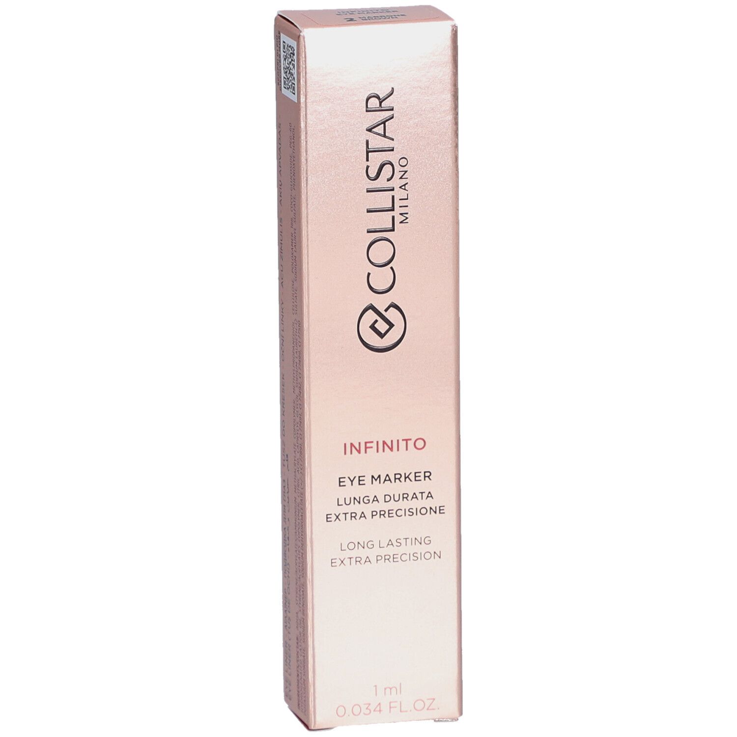 Collistar Infinito Eye Marker-Verpackung. Rosa-goldene Schachtel mit Produktnamen und Logo.