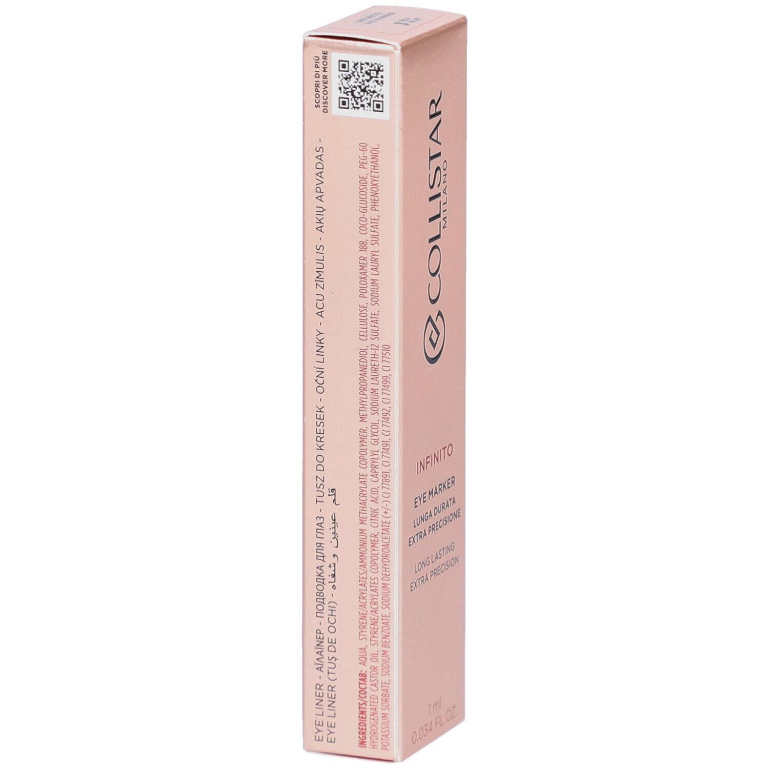 Rosa Verpackung. Collistar Milano Infinito Eye Marker. Text: Eye Marker, Lunga Durata, Extra Precisione. Inhaltsstoffe.