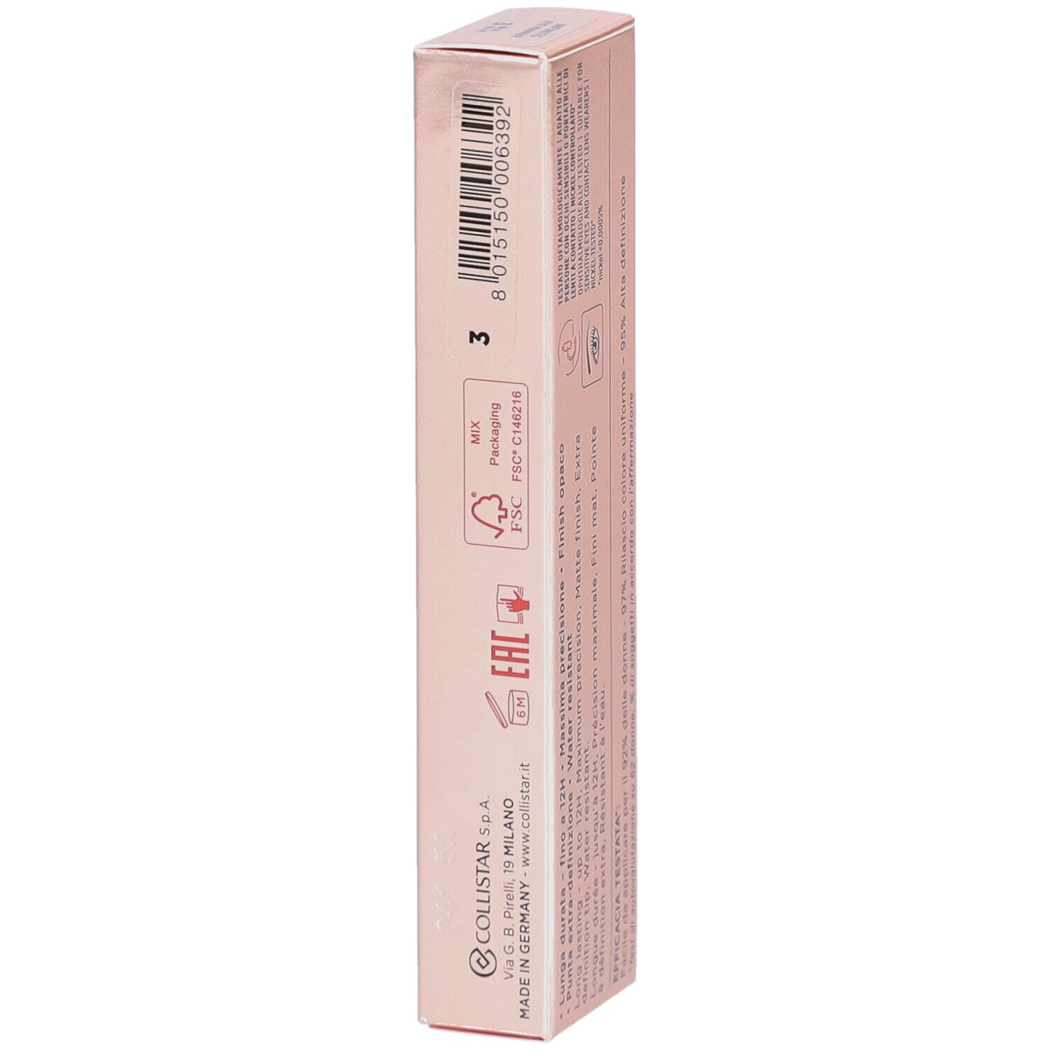 Rosa Verpackung. Collistar Milano Infinito Eye Marker. Text: Eye Marker, Lunga Durata, Extra Precisione. Barcode.