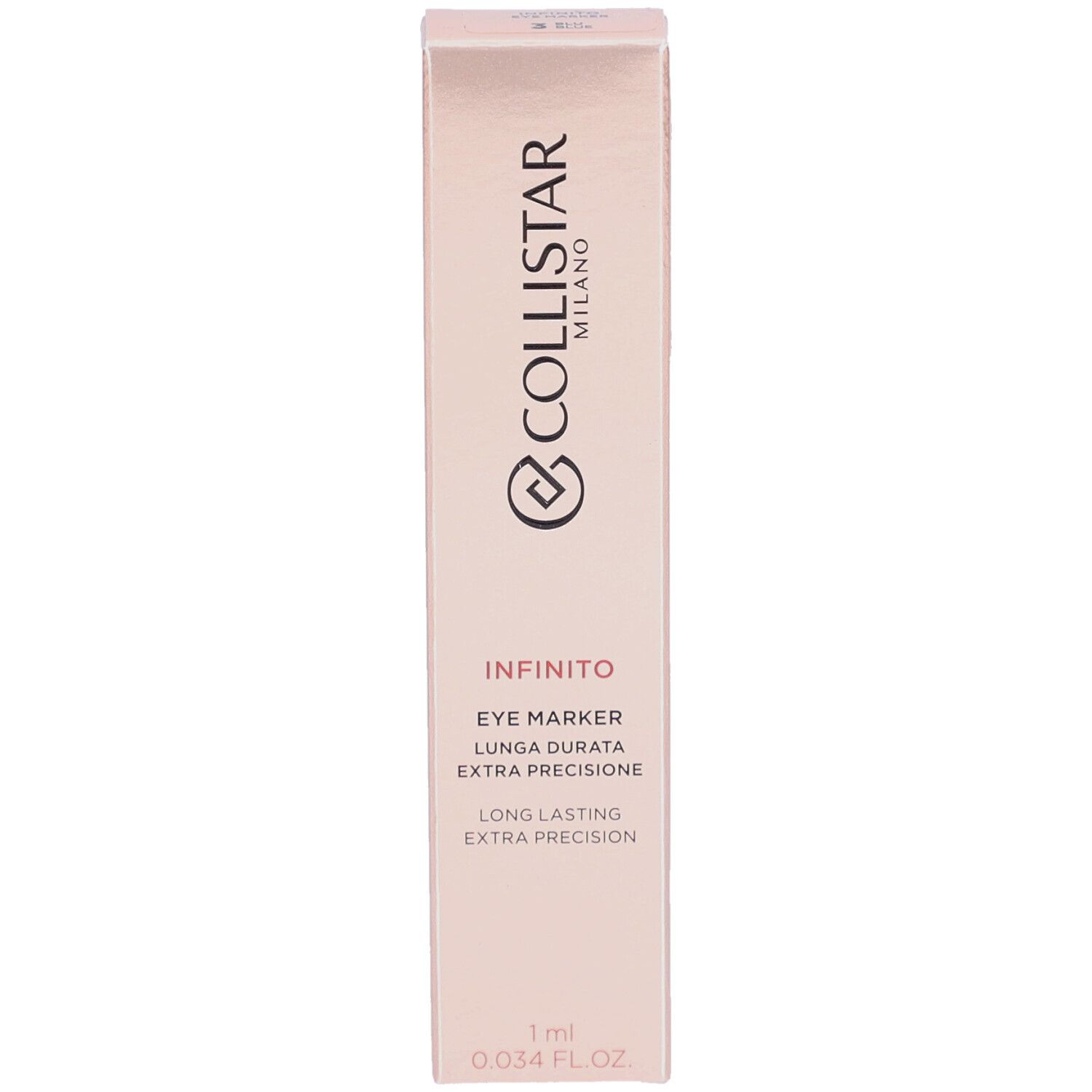 Rosa Verpackung. Collistar Milano Infinito Eye Marker. Text: Eye Marker, Lunga Durata, Extra Precisione. 1 ml.