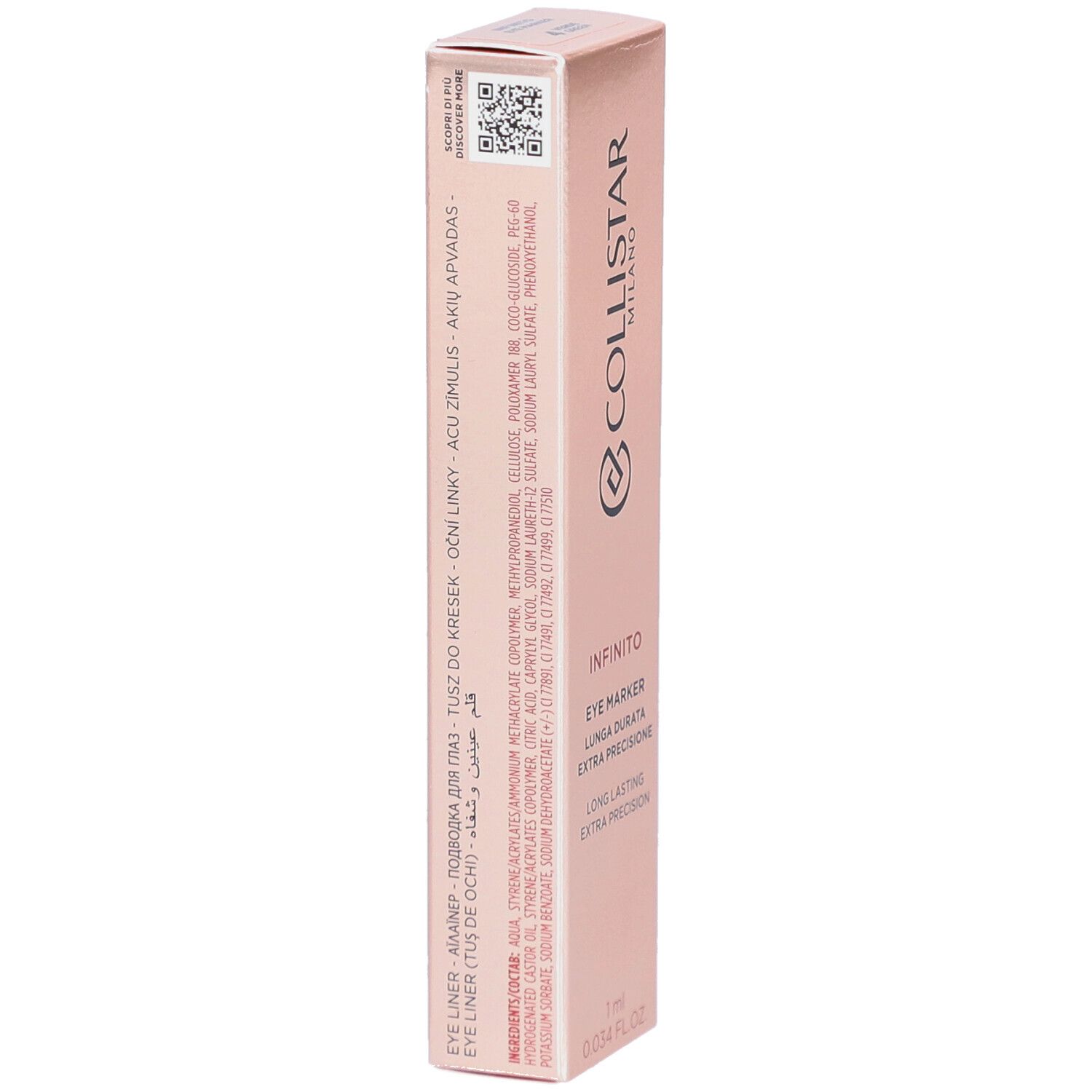 Rückseite der Collistar Infinito Eye Marker Verpackung. Inhaltsstoffe und weitere Informationen.