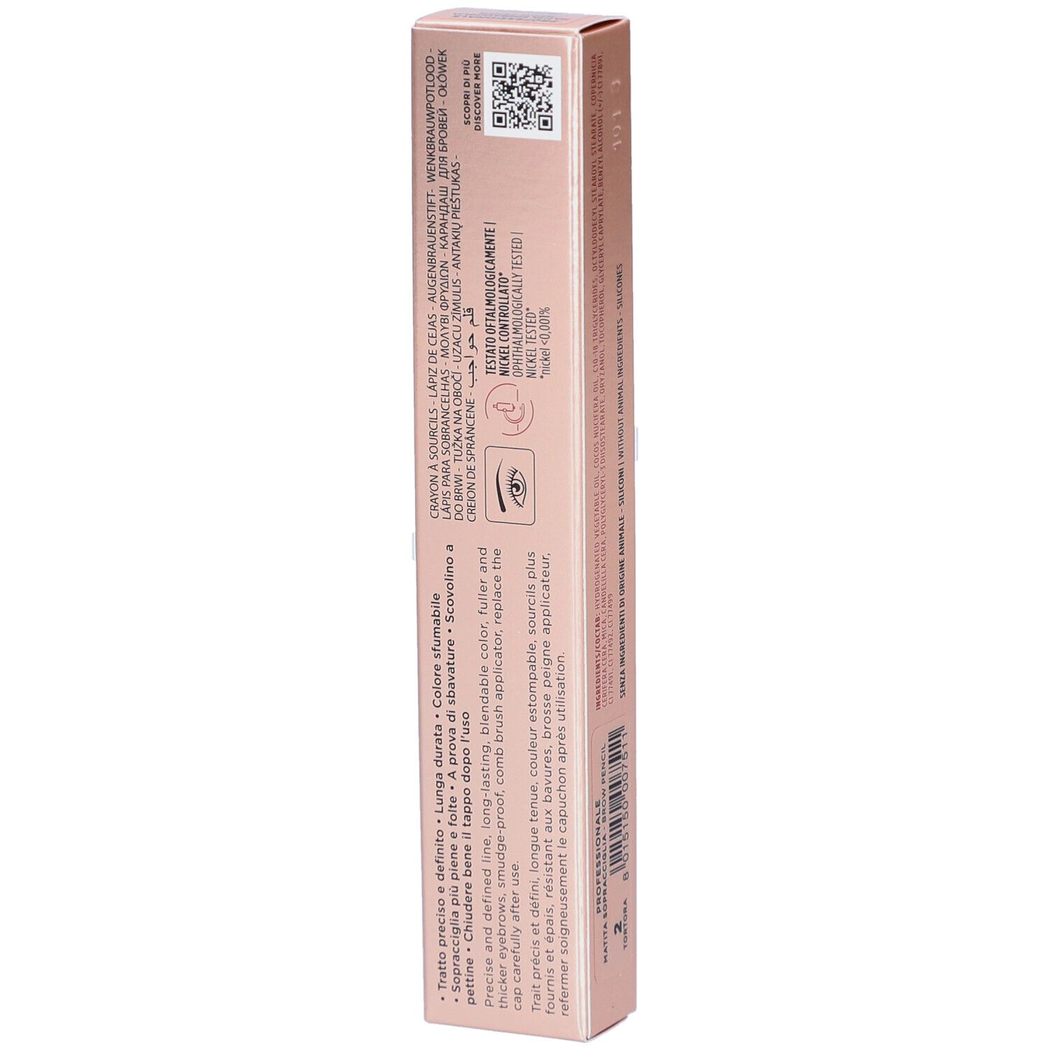 Rosafarbene Verpackung. Collistar Milano, Professionale, Augenbrauenstift, langanhaltend. Detailansicht der Rückseite.