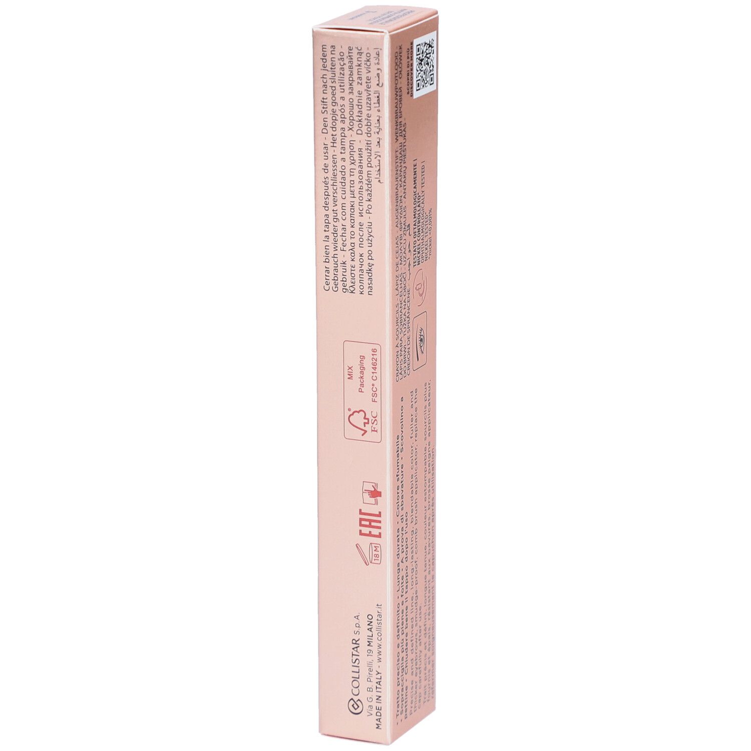 Seite der rosa Verpackung. Collistar Milano, Professionale, Augenbrauenstift. Text: Matita Sopracciglia Lunga Durata, Brow Pencil Long-lasting. 1,1g.