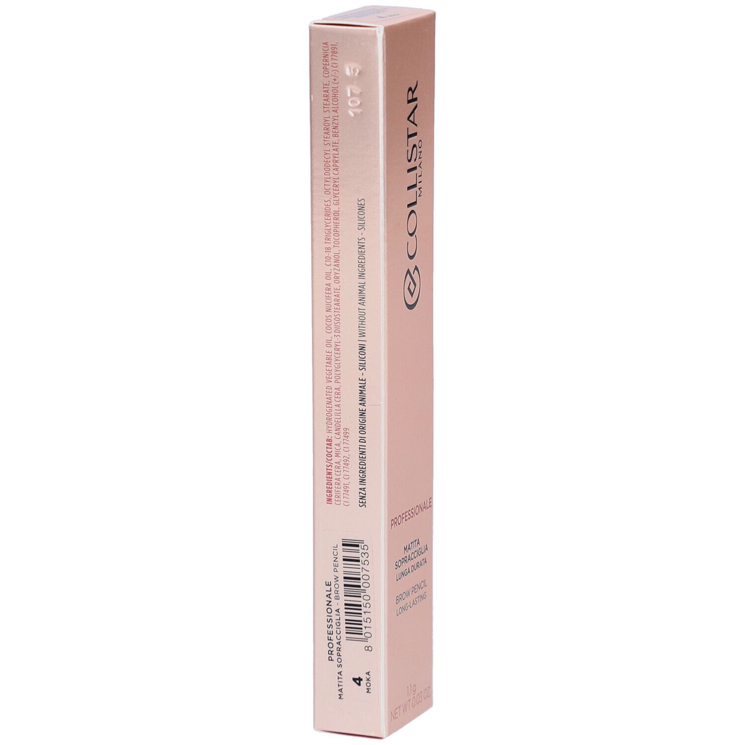 Rückseite der Collistar Brow Pencil Verpackung. Rosa-goldene Schachtel mit Text und Barcode. Inhaltsstoffe.