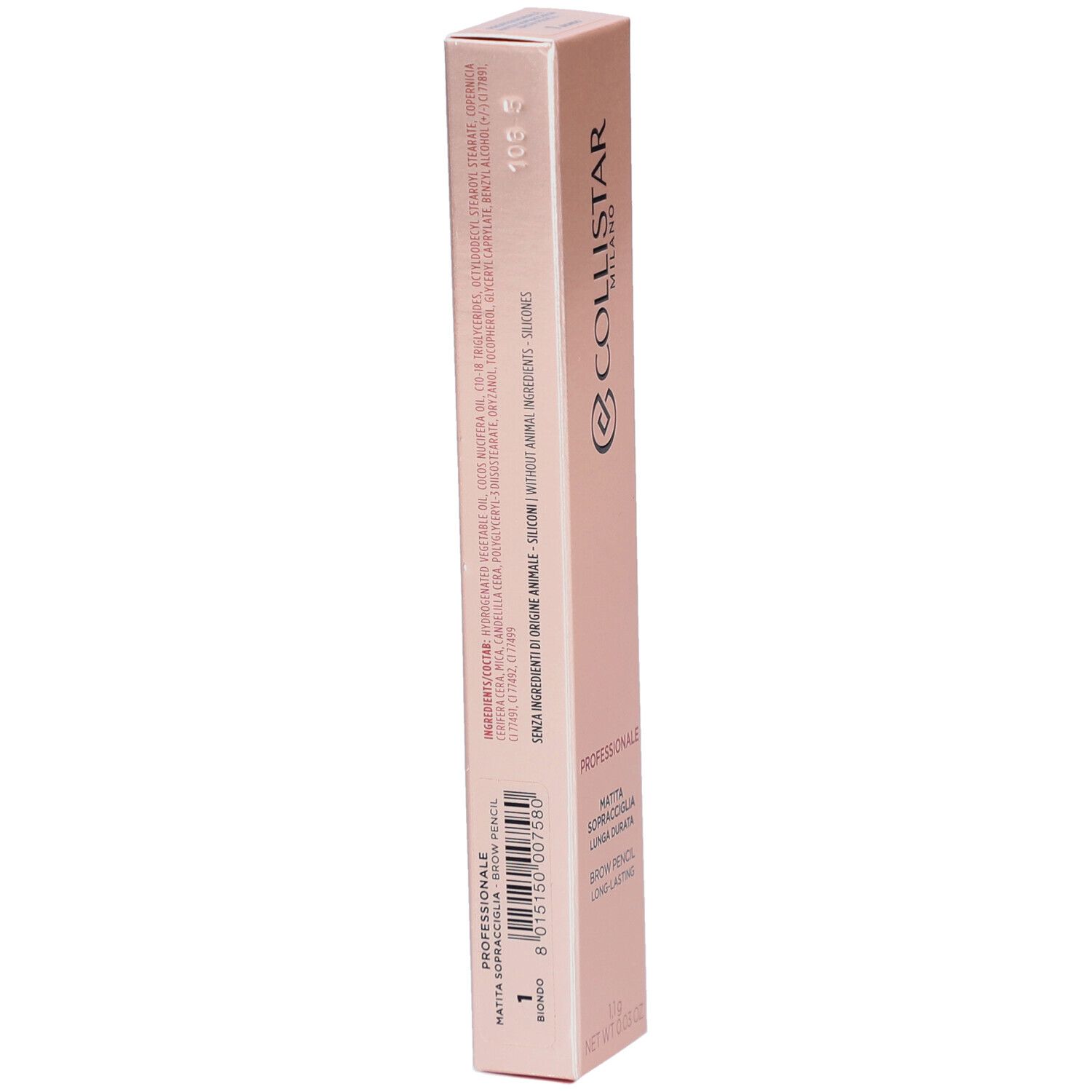 Rosafarbene Verpackung. Text: Collistar Milano, Professionale, Matita Sopracciglia Lunga Durata, Brow Pencil Long-lasting.