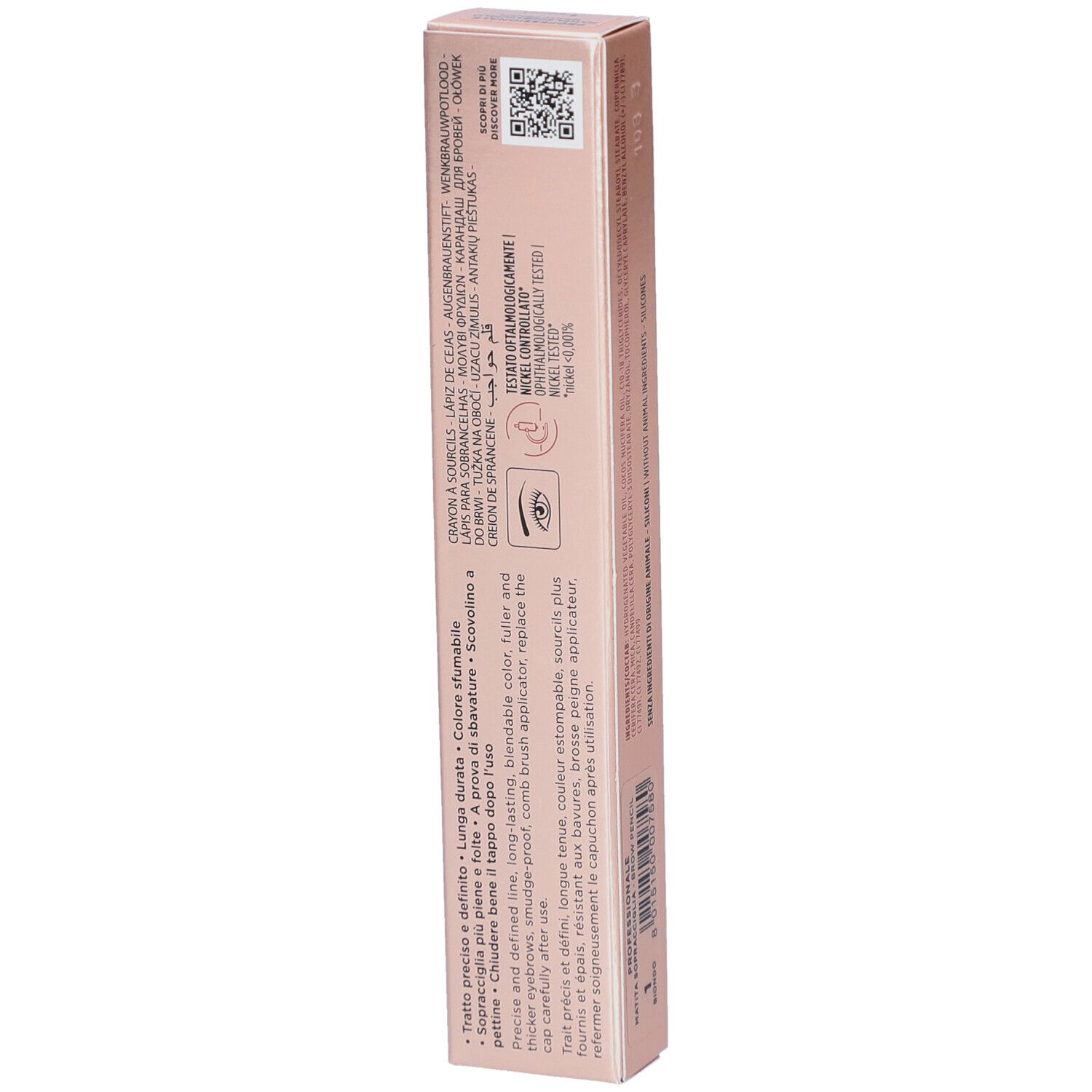 Rosafarbene Verpackung. Text: Collistar Milano, Professionale, Matita Sopracciglia Lunga Durata, Brow Pencil Long-lasting.
