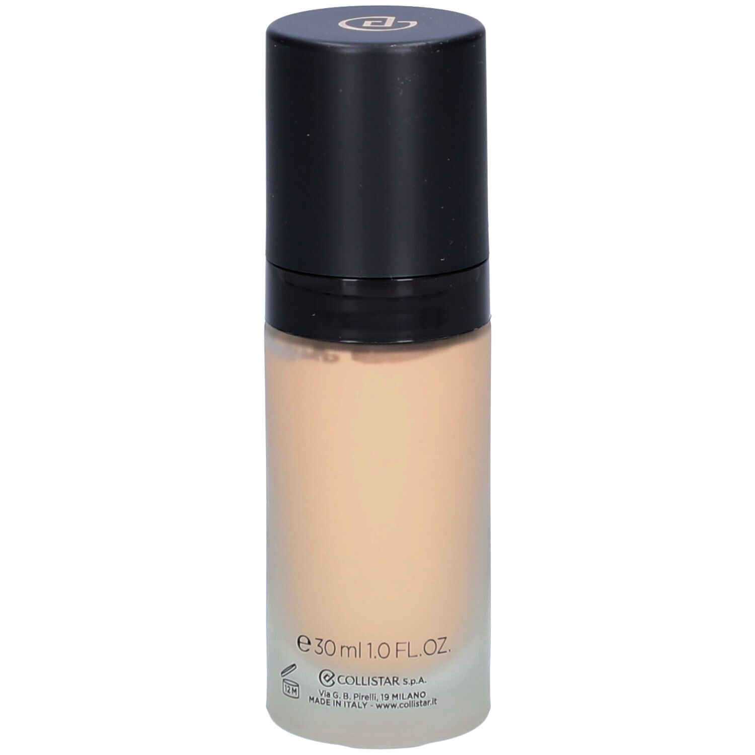 Beige Foundation-Flakon mit schwarzem Deckel. Aufschrift: Collistar, e30ml 1.0 FL.OZ.