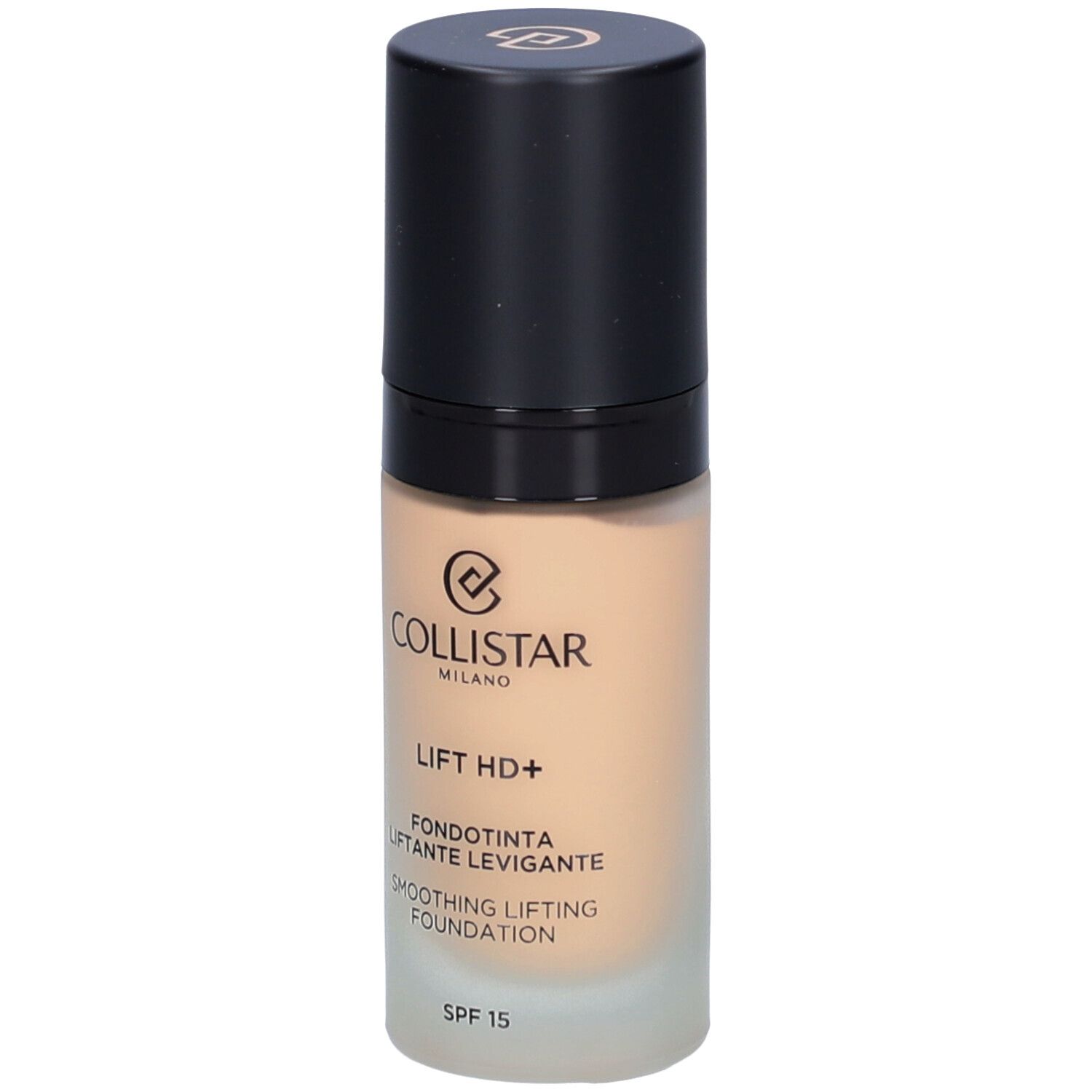 Beige Foundation-Flakon mit schwarzem Deckel. Aufschrift: Collistar, Lift HD+, Smoothing Lifting Foundation, SPF 15.