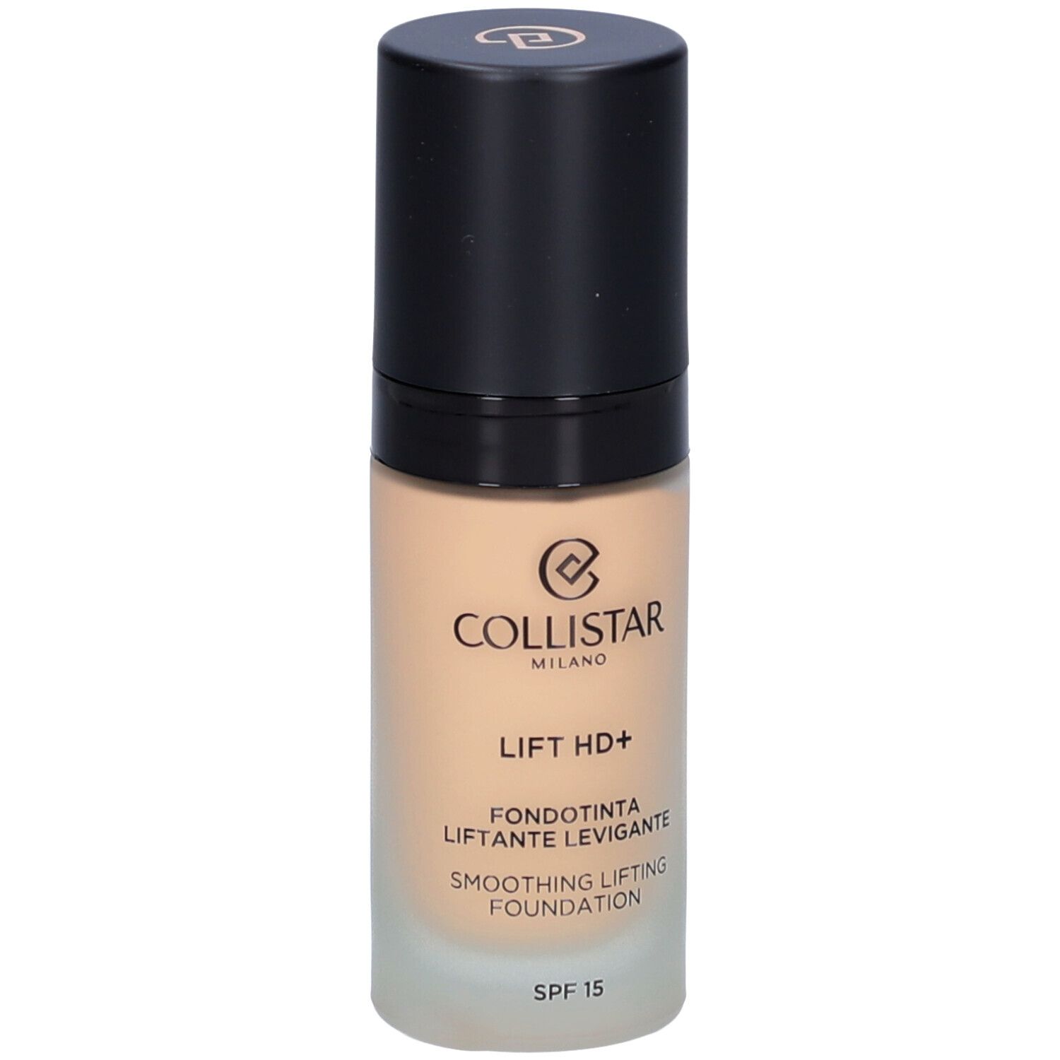 Beige Foundation-Flakon mit schwarzem Deckel. Aufschrift: Collistar, Lift HD+, Smoothing Lifting Foundation, SPF 15.