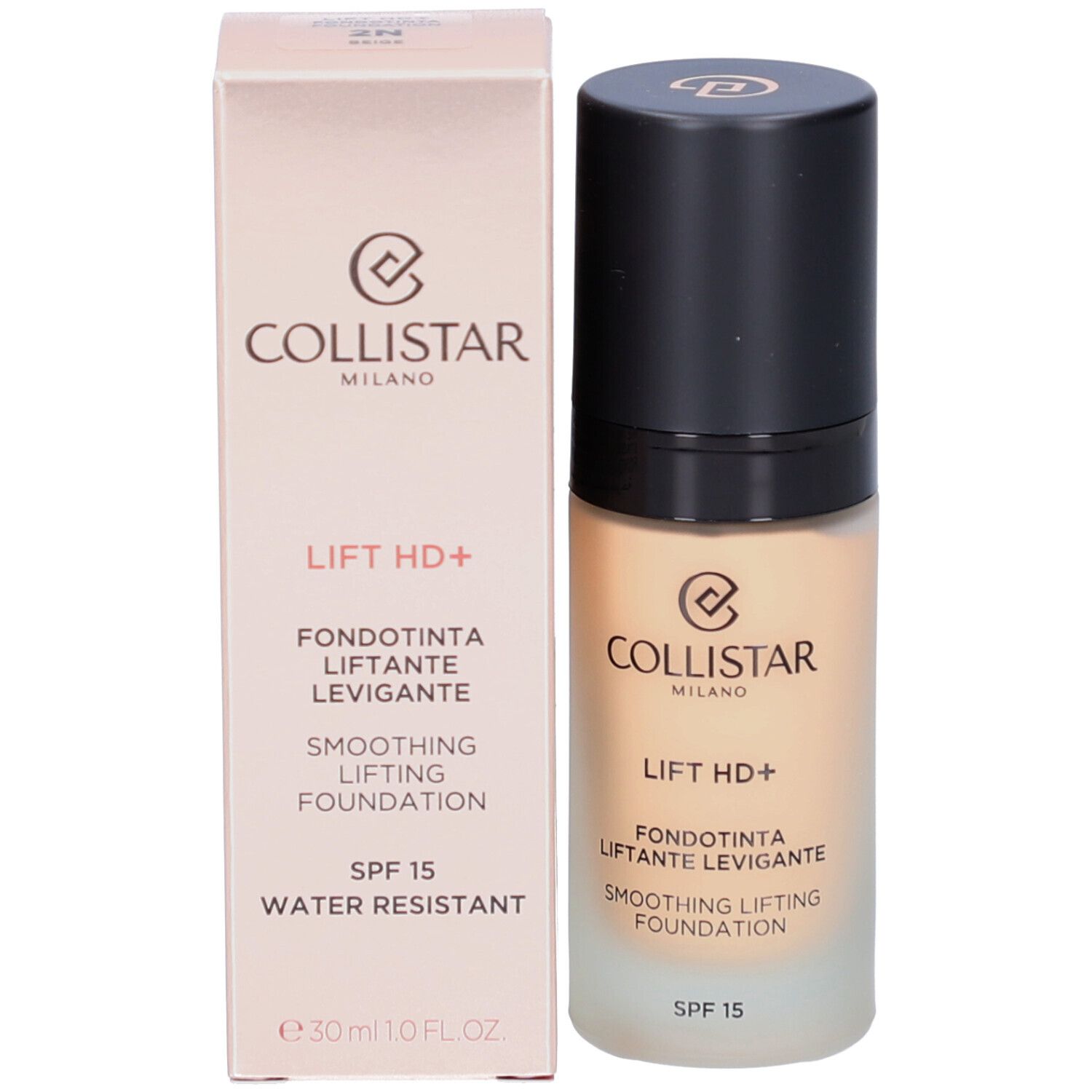 Foundation-Flakon und Verpackung. Aufschrift: Collistar, Lift HD+, Smoothing Lifting Foundation, SPF 15, Water Resistant.