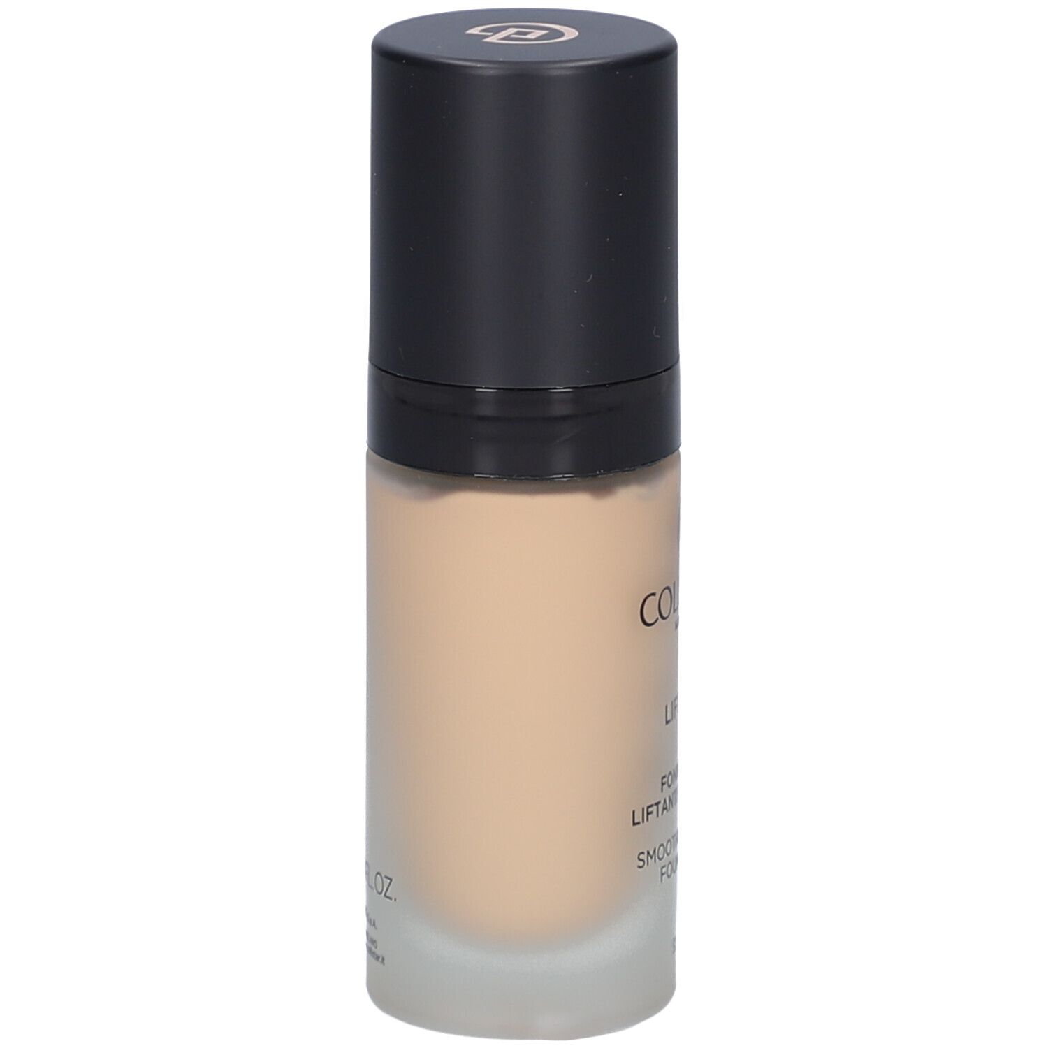Beige Foundation-Flakon mit schwarzem Deckel. Aufschrift: Collistar, Lift HD+, Smoothing Lifting Foundation.